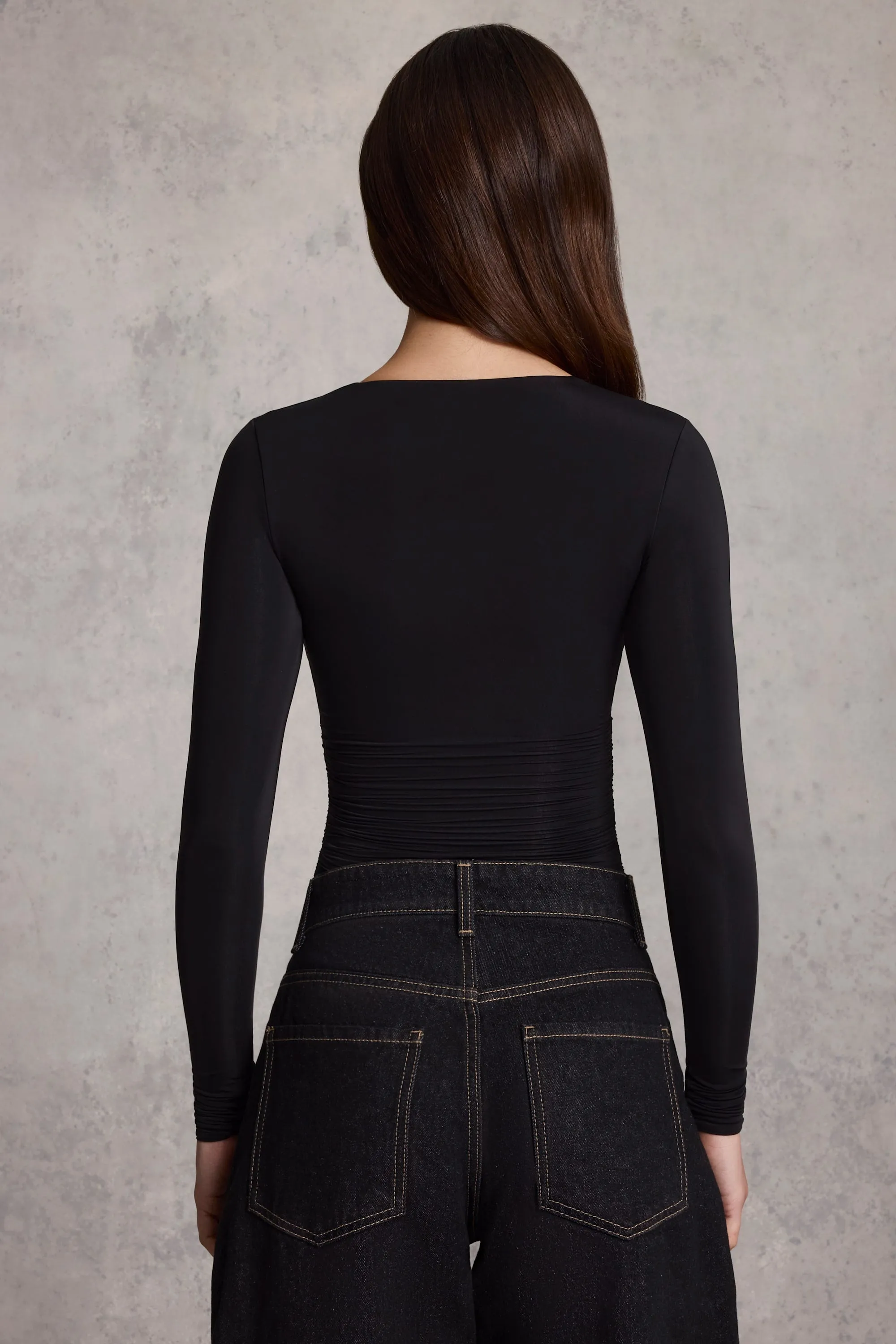 Soft Jersey Sweetheart Ruched Long-Sleeve Top in Black sold by Oh Polly product image thumbnail 2