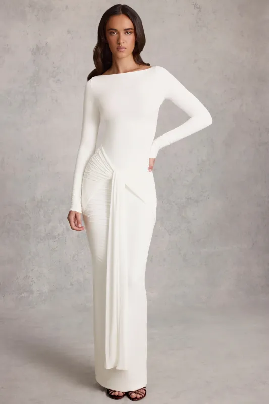 Soft Jersey Boat-Neck Tie-Gather Maxi Dress in White sold by Oh Polly
