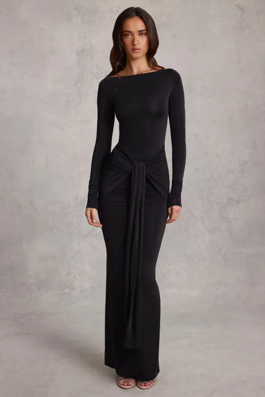 Soft Jersey Boat-Neck Tie-Gather Maxi Dress in Black sold by Oh Polly
