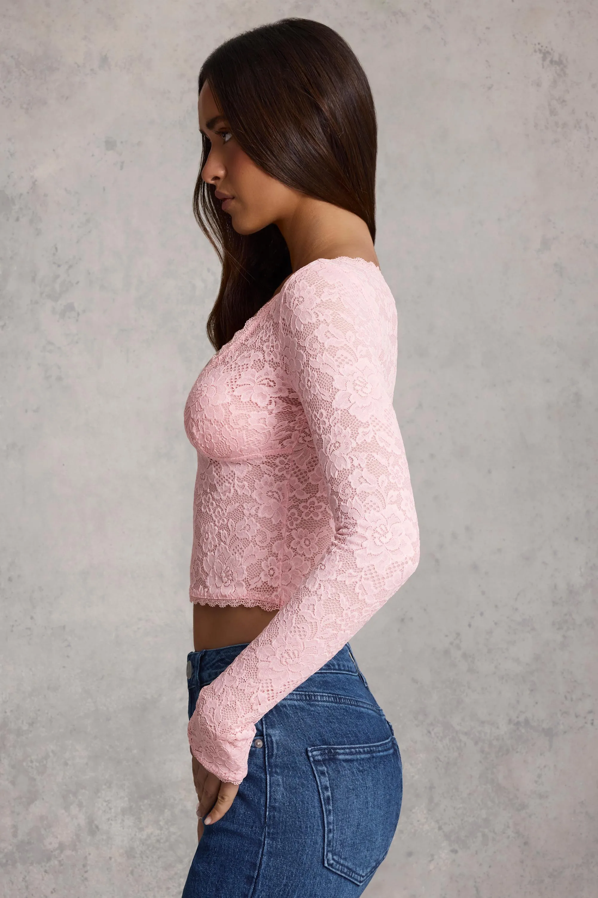 Sheer Lace Plunge-Neck Long-Sleeve Top in Pink sold by Oh Polly product image thumbnail 3