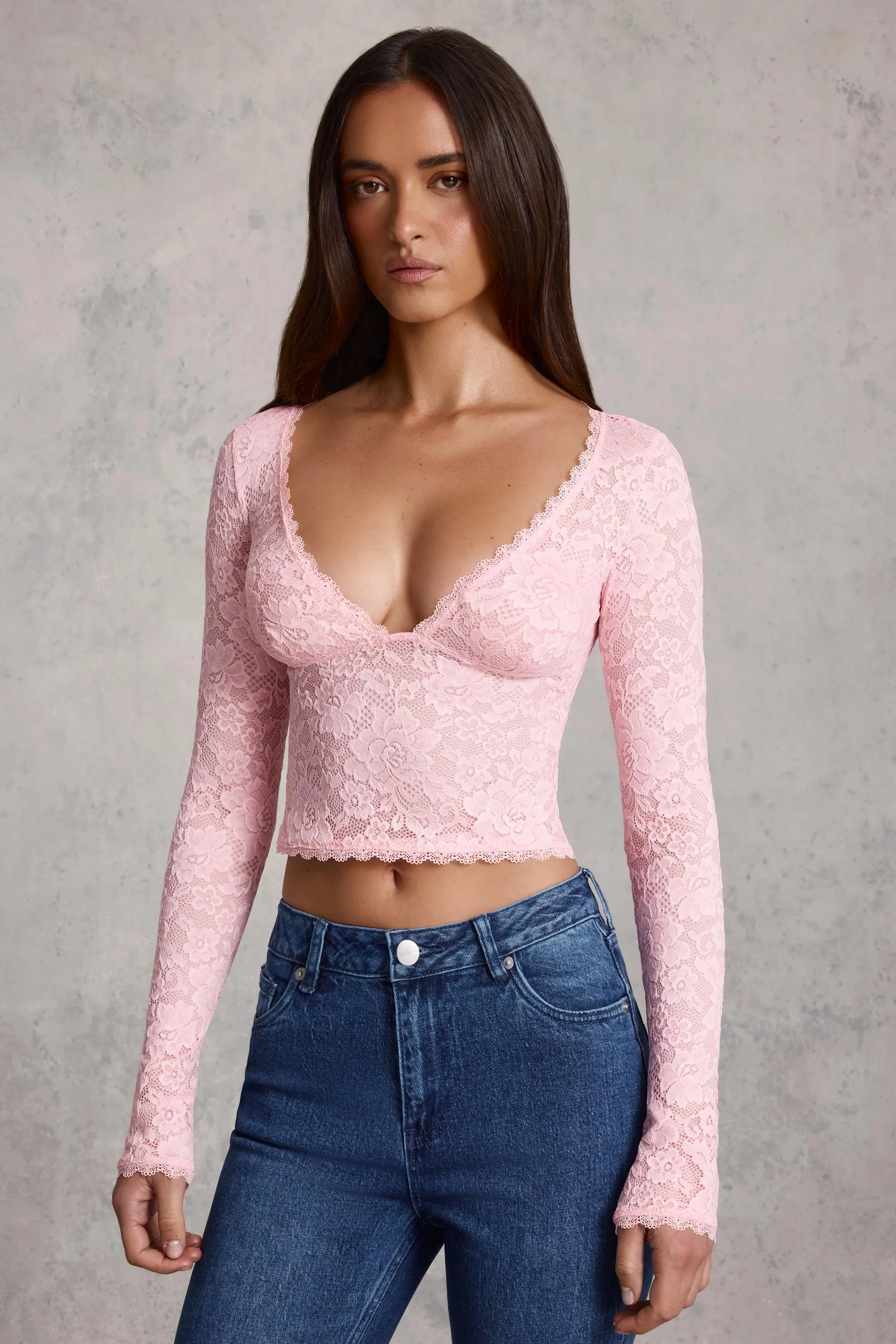 Sheer Lace Plunge-Neck Long-Sleeve Top in Pink sold by Oh Polly product image thumbnail 5