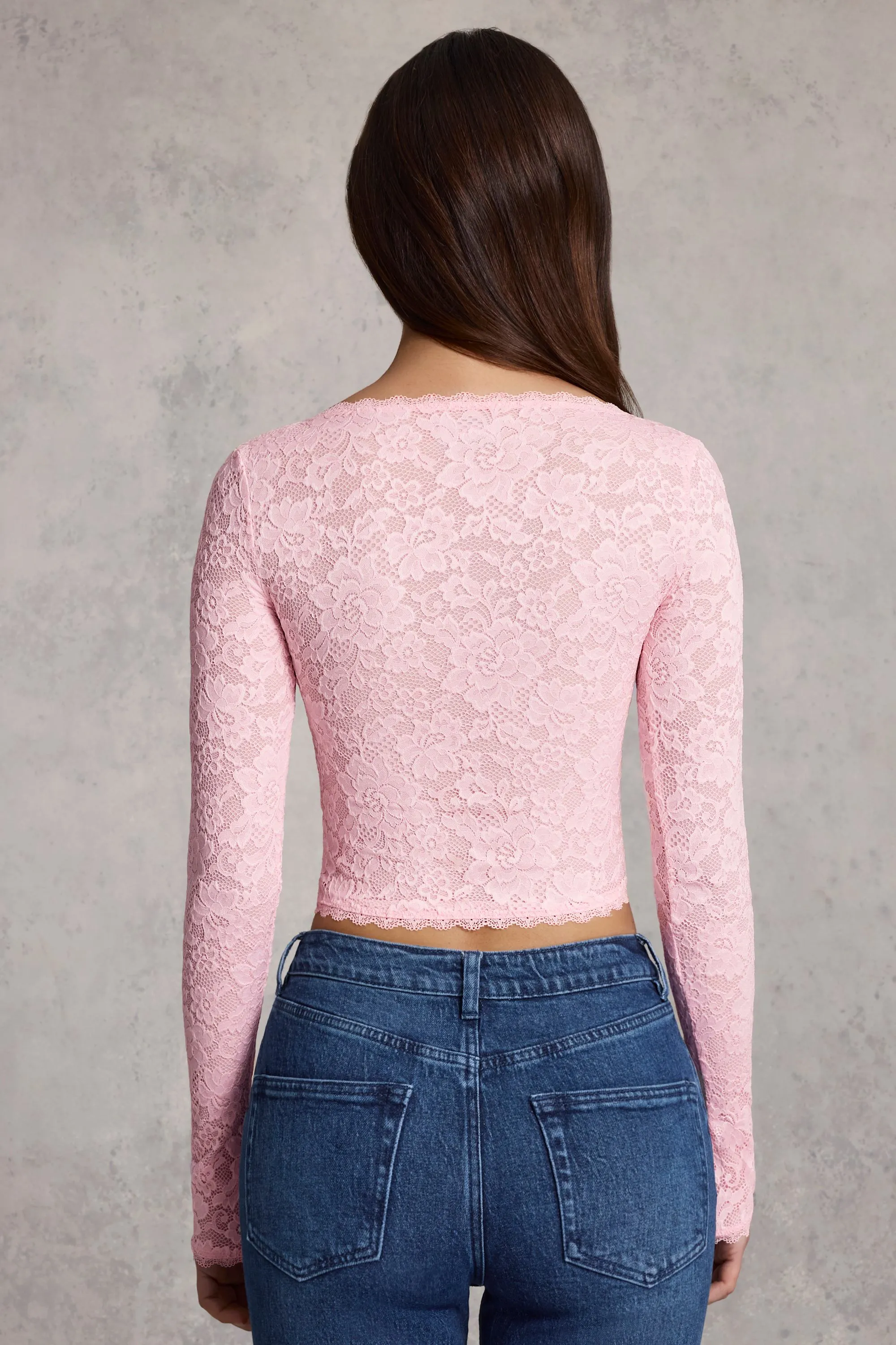Sheer Lace Plunge-Neck Long-Sleeve Top in Pink sold by Oh Polly product image thumbnail 2