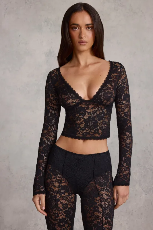 Plunge-Neck Long-Sleeve Lace Top in Black sold by Oh Polly