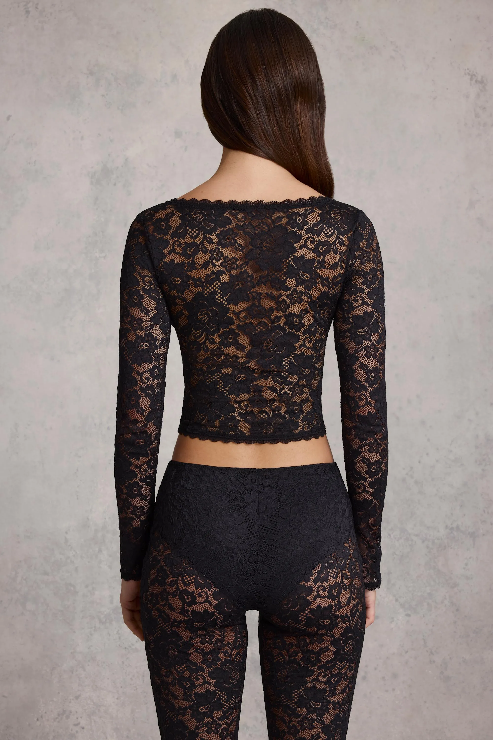 Plunge-Neck Long-Sleeve Lace Top in Black sold by Oh Polly product image thumbnail 2