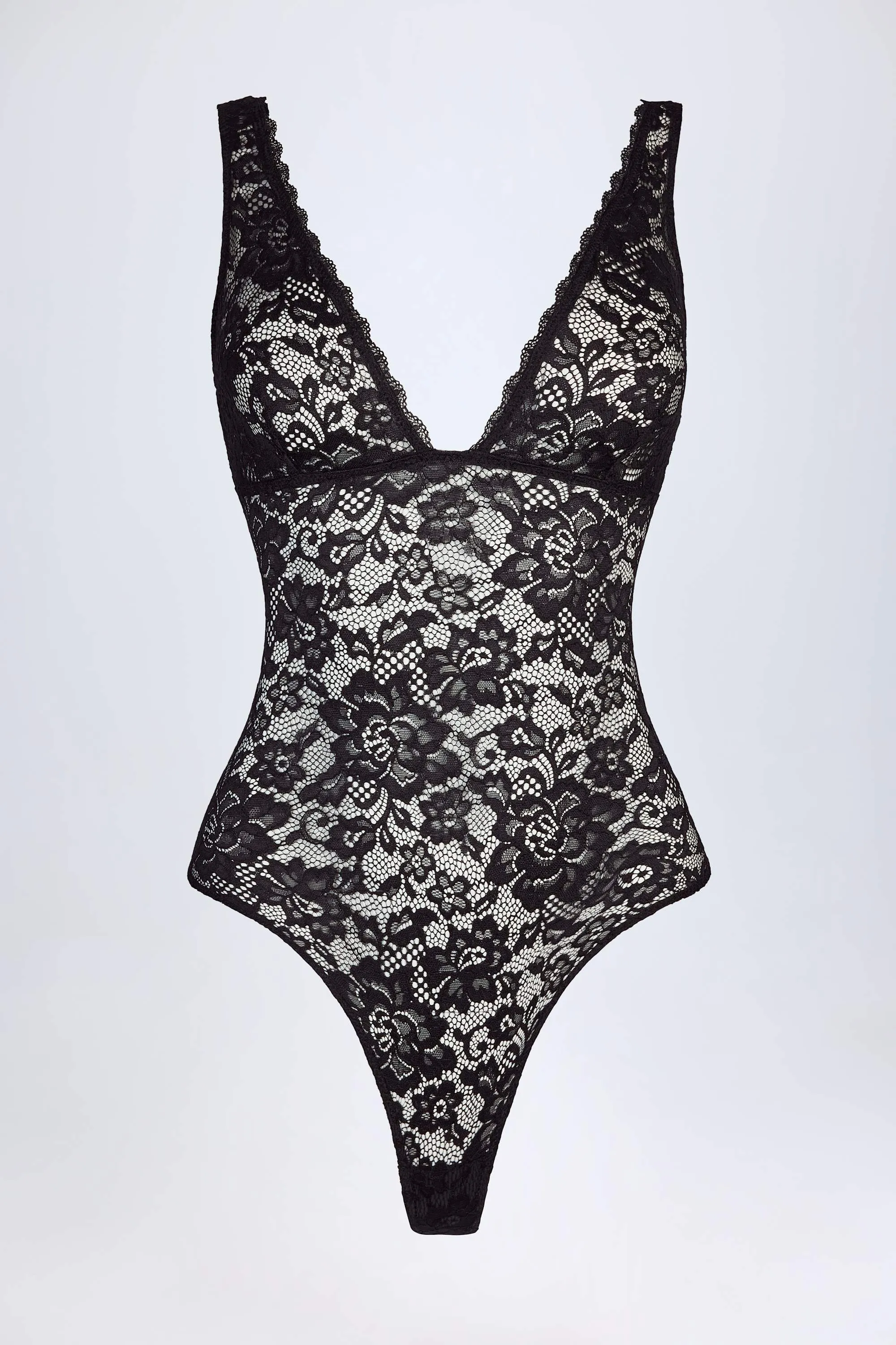 Sheer Lace Scalloped Plunge-Neck Bodysuit in Black sold by Oh Polly product image thumbnail 5