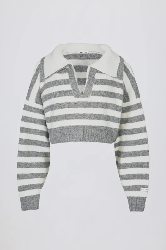 Layered Collar Cropped Knit Jumper in Grey Stripe sold by Oh Polly