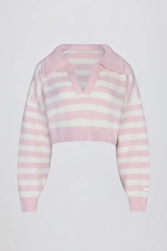 Soft Knit Layered Collar Cropped Jumper in Pink Stripe sold by Oh Polly