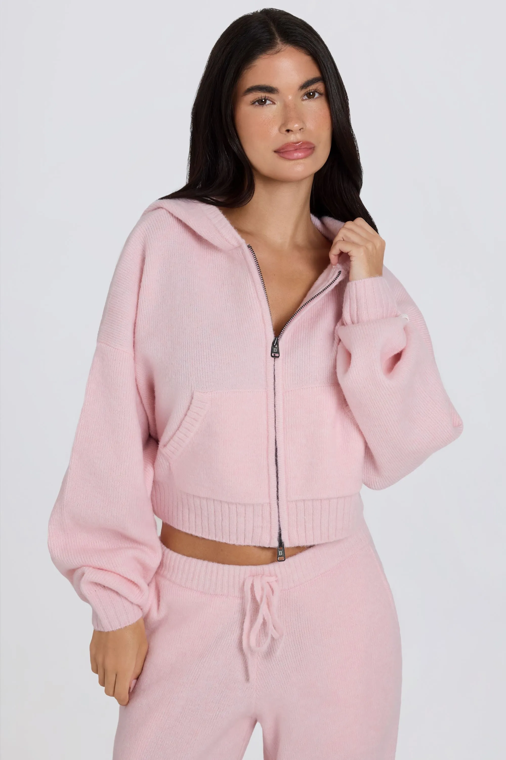 Soft Knit Zip-Up Cropped Hoodie in Soft Pink sold by Oh Polly product image thumbnail 2