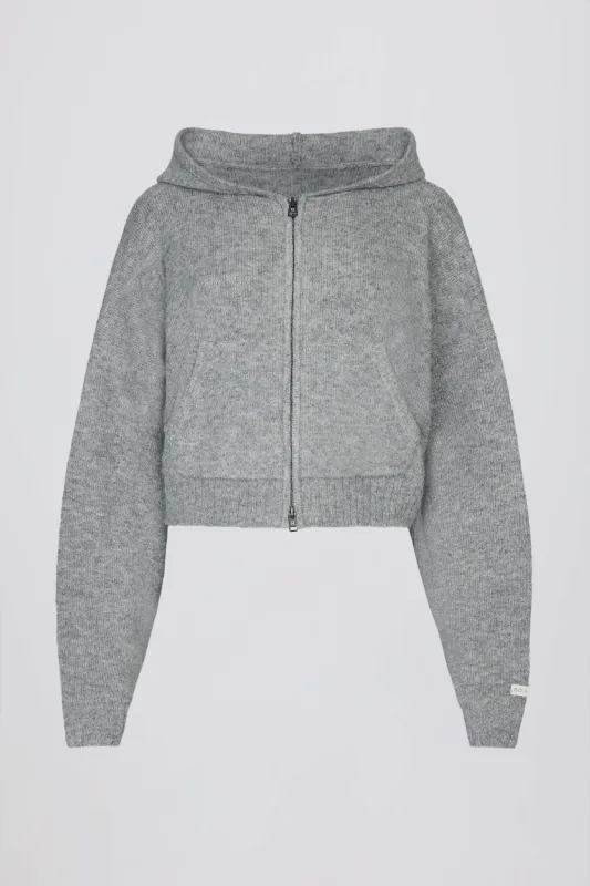 Zip-Up Cropped Knit Hoodie in Grey sold by Oh Polly