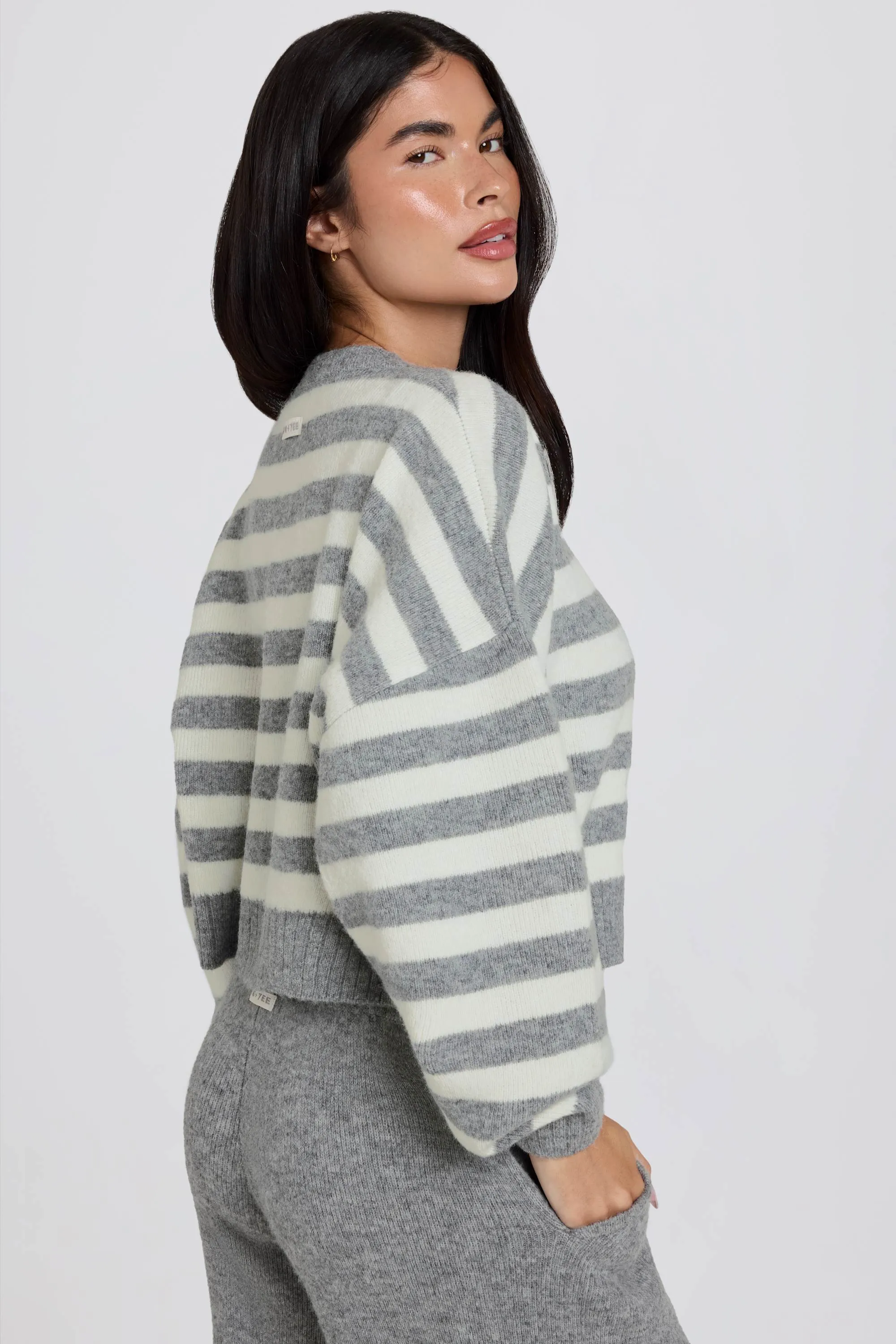 Soft Knit Stripe Cropped Cardigan in Grey Stripe sold by Oh Polly product image thumbnail 3