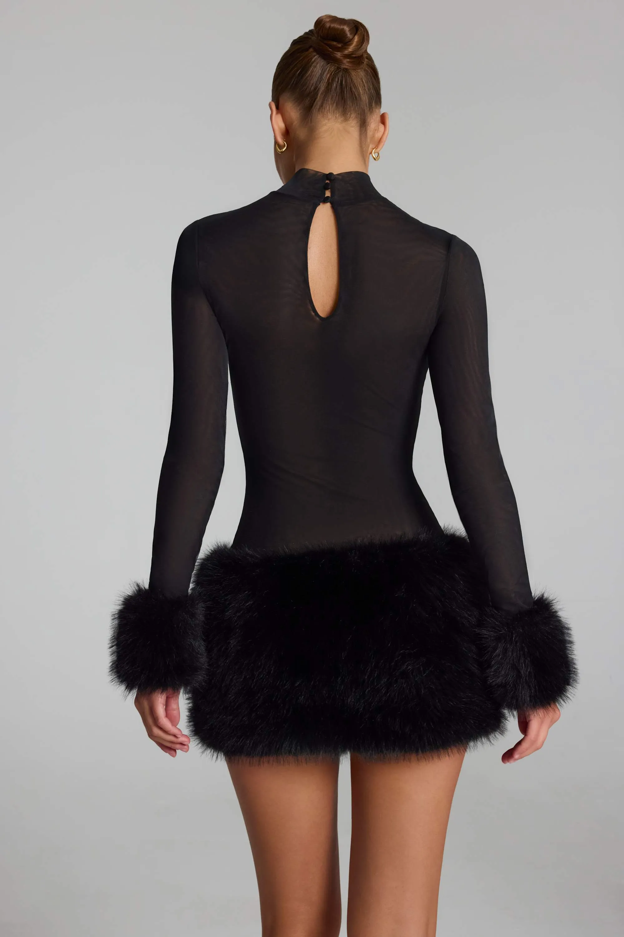 Faux Fur-Trim Turtleneck Mini Dress in Black sold by Oh Polly product image thumbnail 2