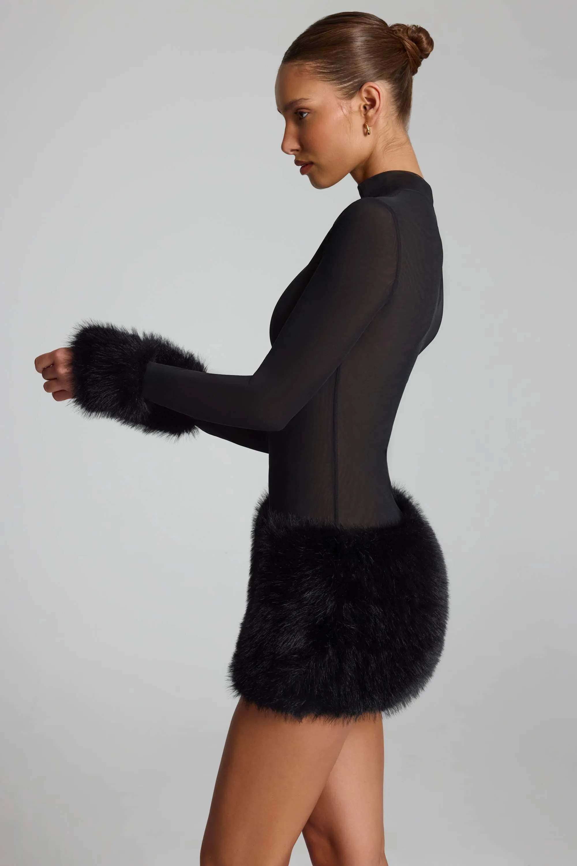 Faux Fur-Trim Turtleneck Mini Dress in Black sold by Oh Polly product image thumbnail 3