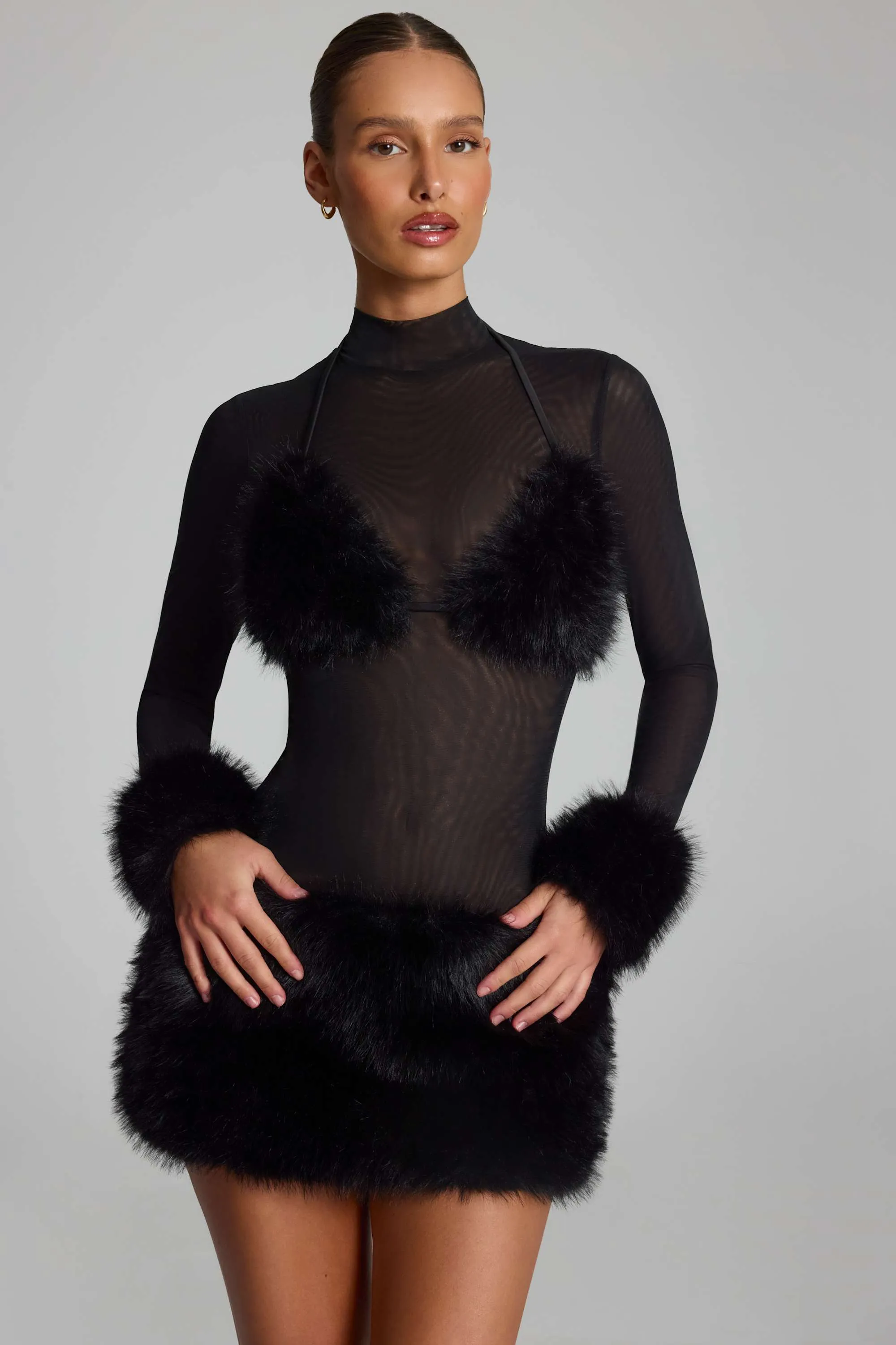 Faux Fur-Trim Turtleneck Mini Dress in Black sold by Oh Polly product image thumbnail 4
