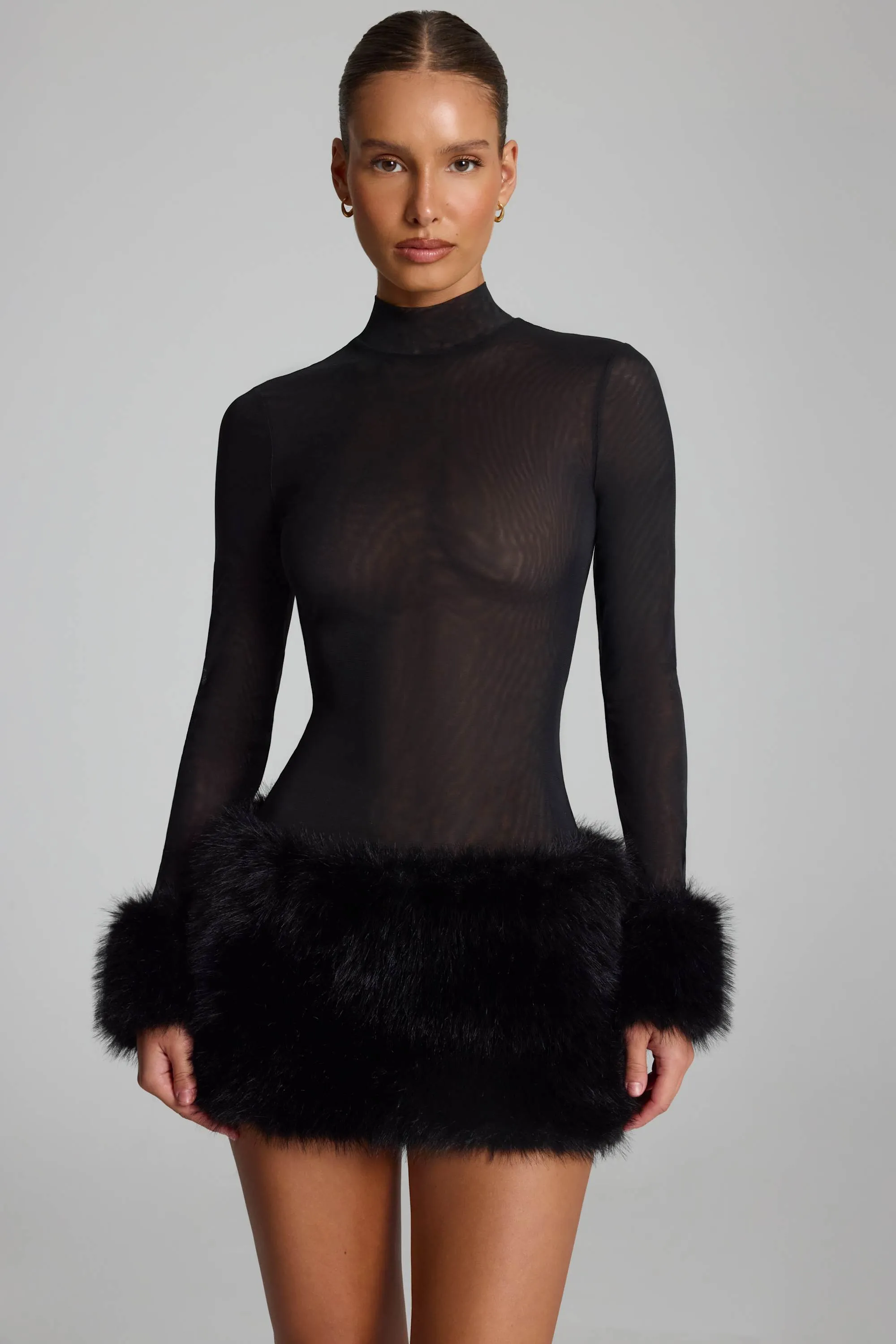 Faux Fur-Trim Turtleneck Mini Dress in Black sold by Oh Polly product image thumbnail 5