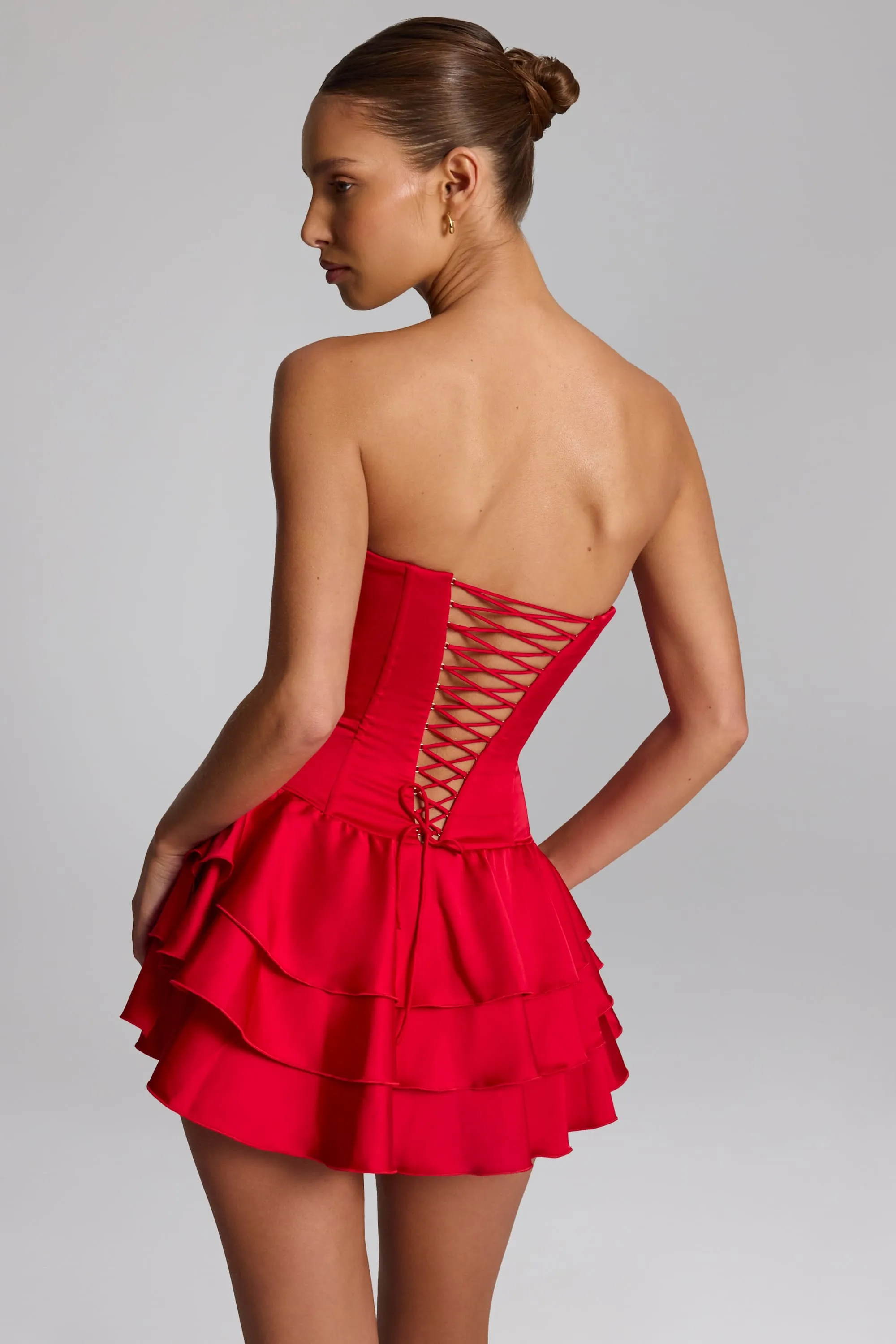 Ruffled Lace-Up Corset Playsuit in Fire Red sold by Oh Polly product image thumbnail 2