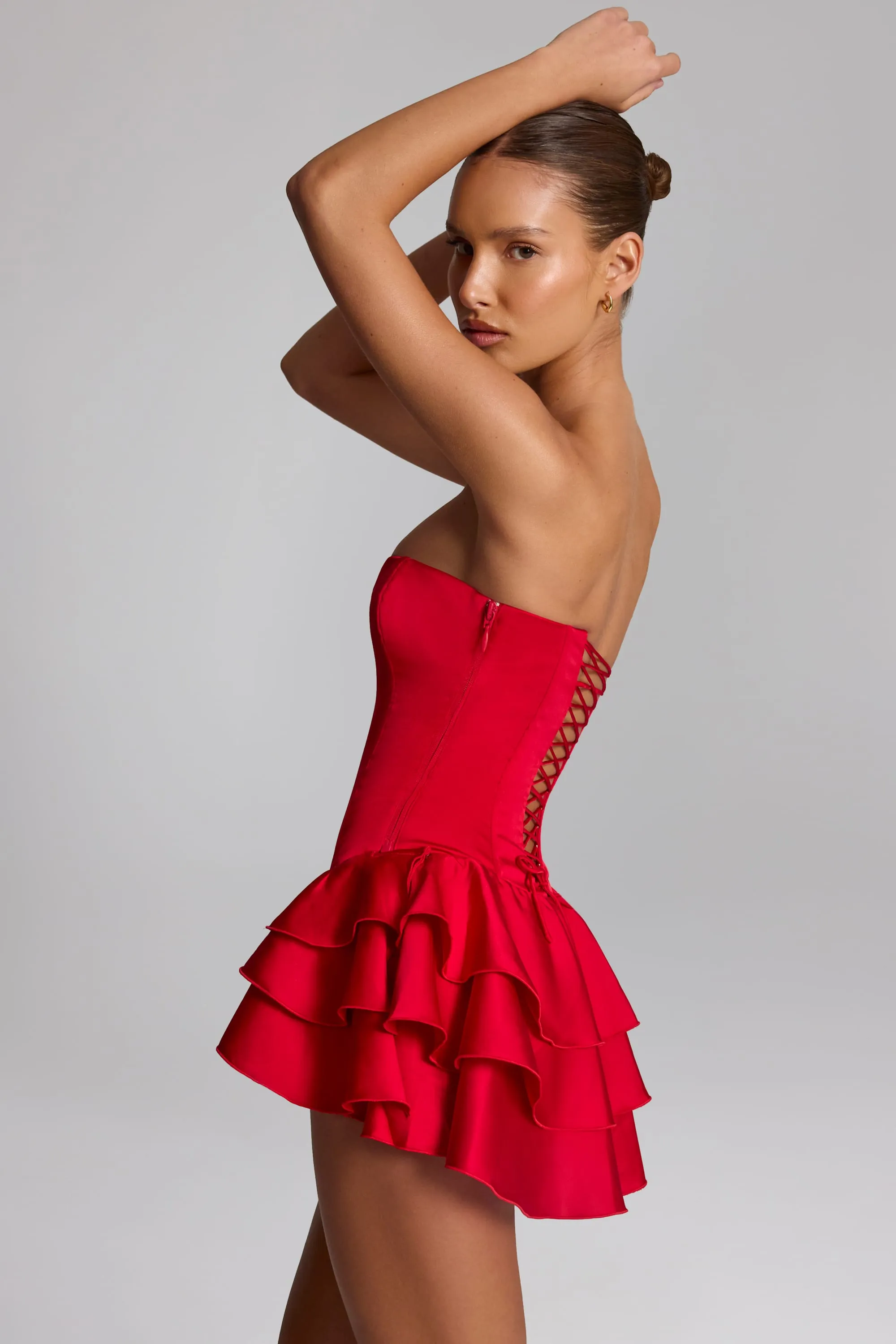 Ruffled Lace-Up Corset Playsuit in Fire Red sold by Oh Polly product image thumbnail 3