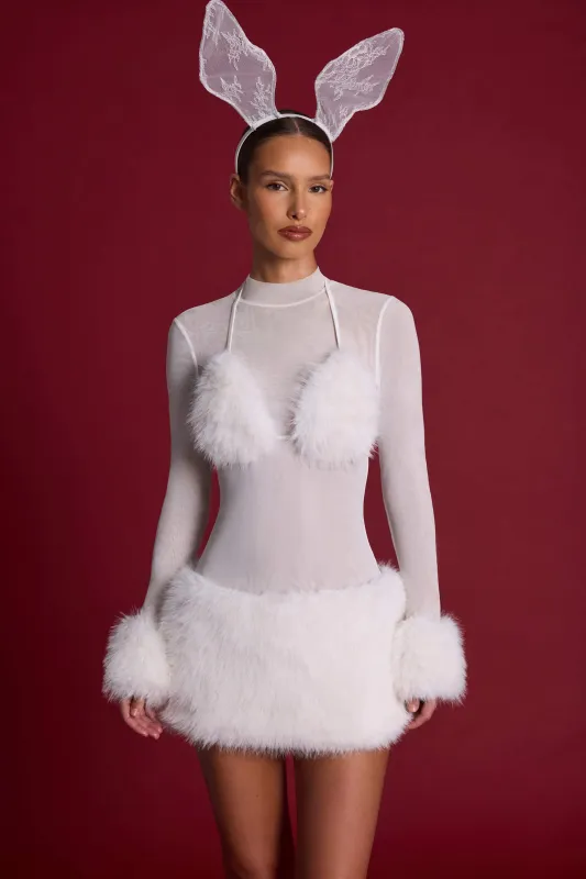 Faux Fur-Trim Turtleneck Mini Dress in White sold by Oh Polly