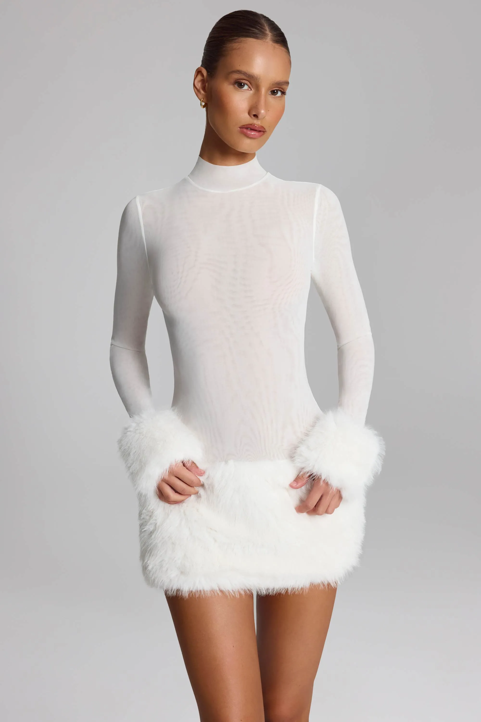 Faux Fur-Trim Turtleneck Mini Dress in White sold by Oh Polly product image thumbnail 5