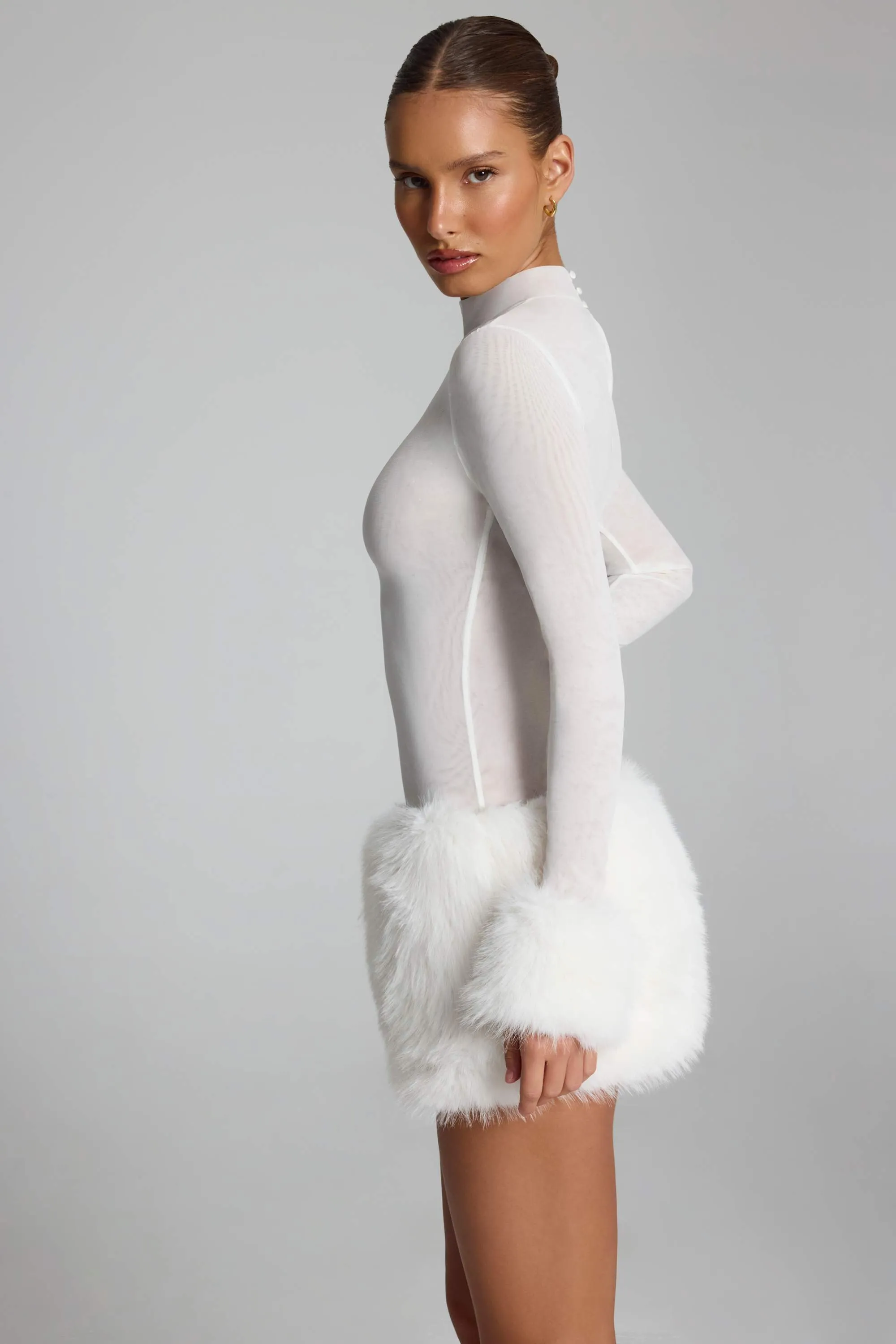 Faux Fur-Trim Turtleneck Mini Dress in White sold by Oh Polly product image thumbnail 3