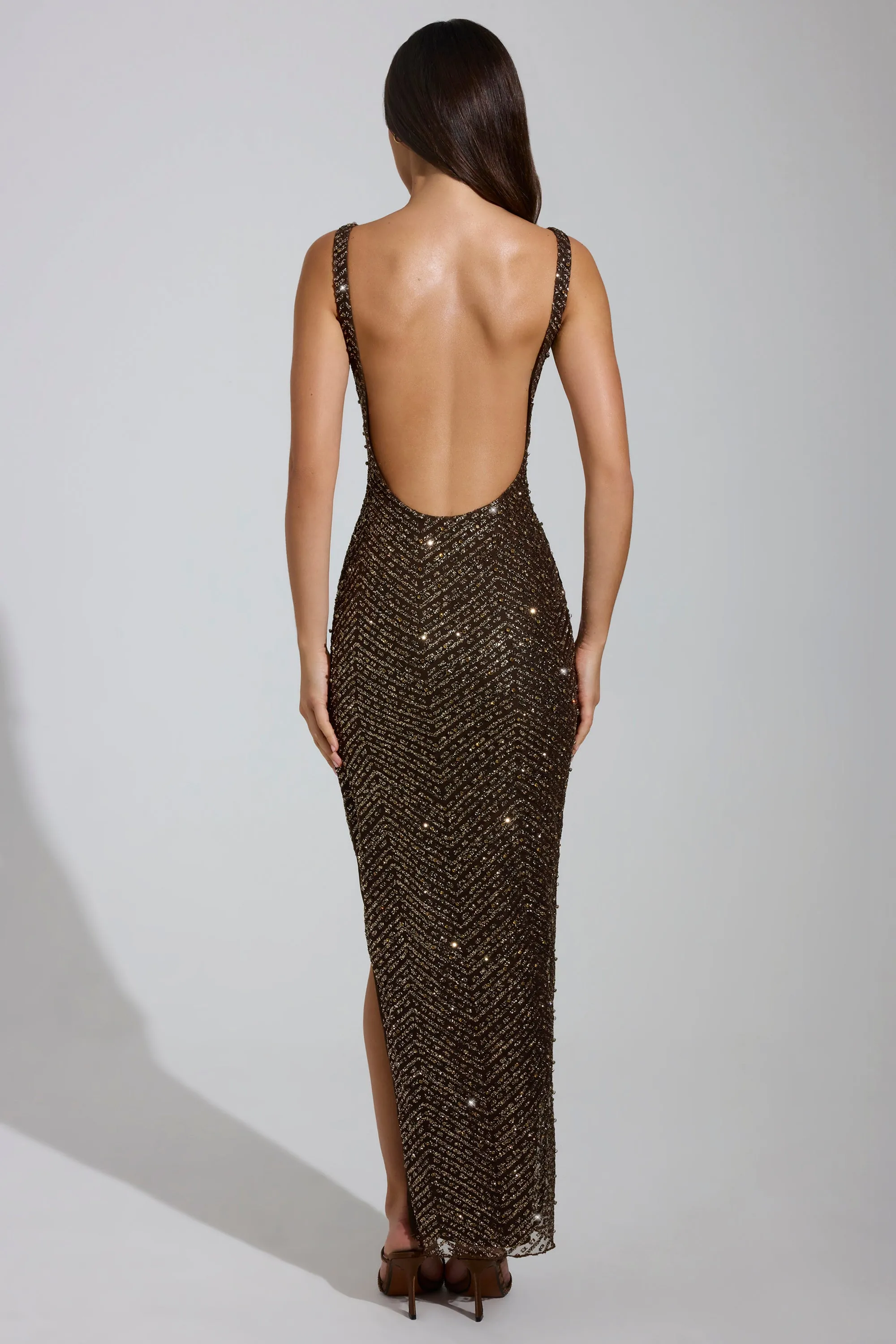 Embellished Scoop-Neck Thigh-Split Maxi Dress in Brown sold by Oh Polly product image thumbnail 2