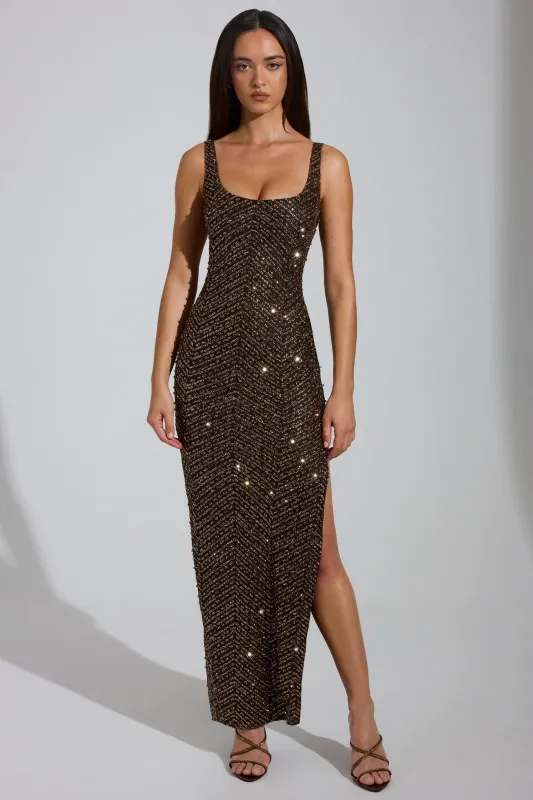 Embellished Scoop-Neck Thigh-Split Maxi Dress in Brown made by Oh Polly
