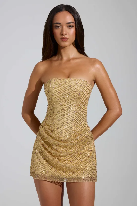 Embellished Bandeau A-Line Mini Dress in Gold sold by Oh Polly