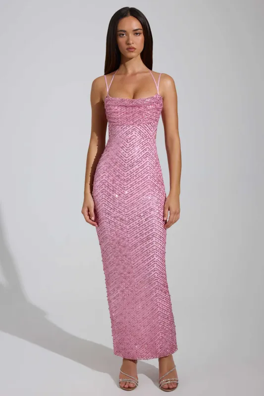 Embellished Cowl-Neck Maxi Dress in Pink sold by Oh Polly