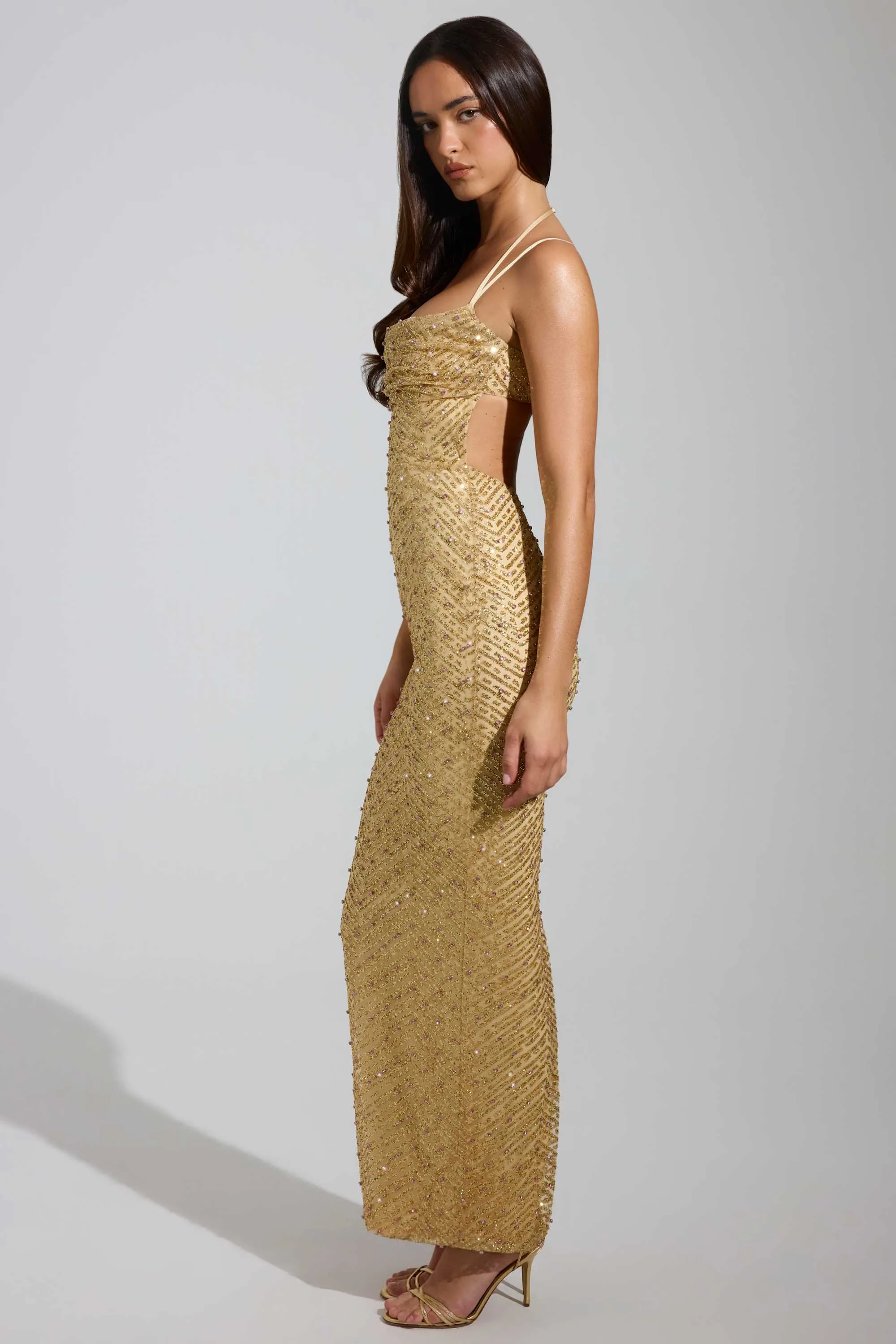 Embellished Cowl-Neck Maxi Dress in Gold sold by Oh Polly product image thumbnail 3