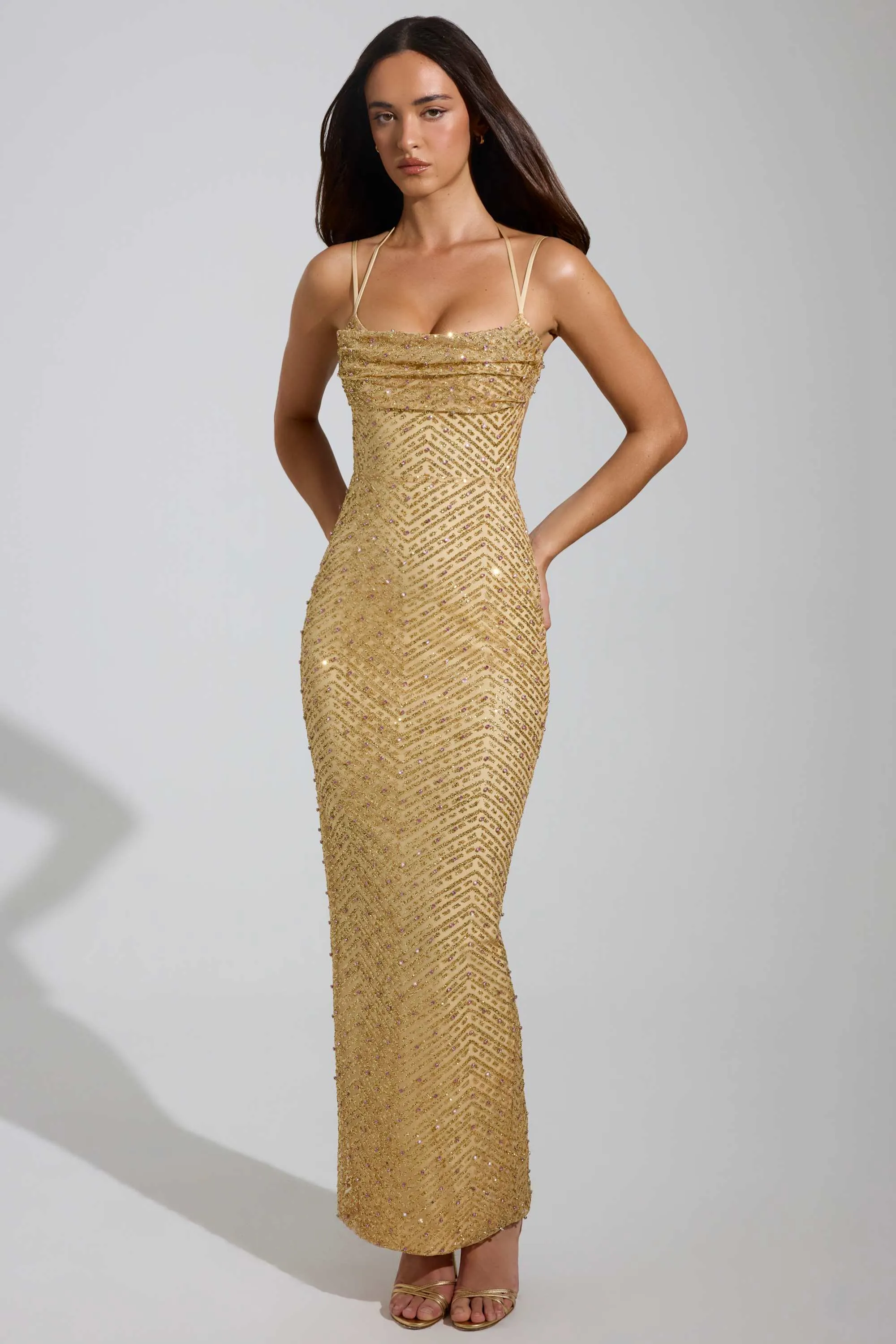 Embellished Cowl-Neck Maxi Dress in Gold sold by Oh Polly