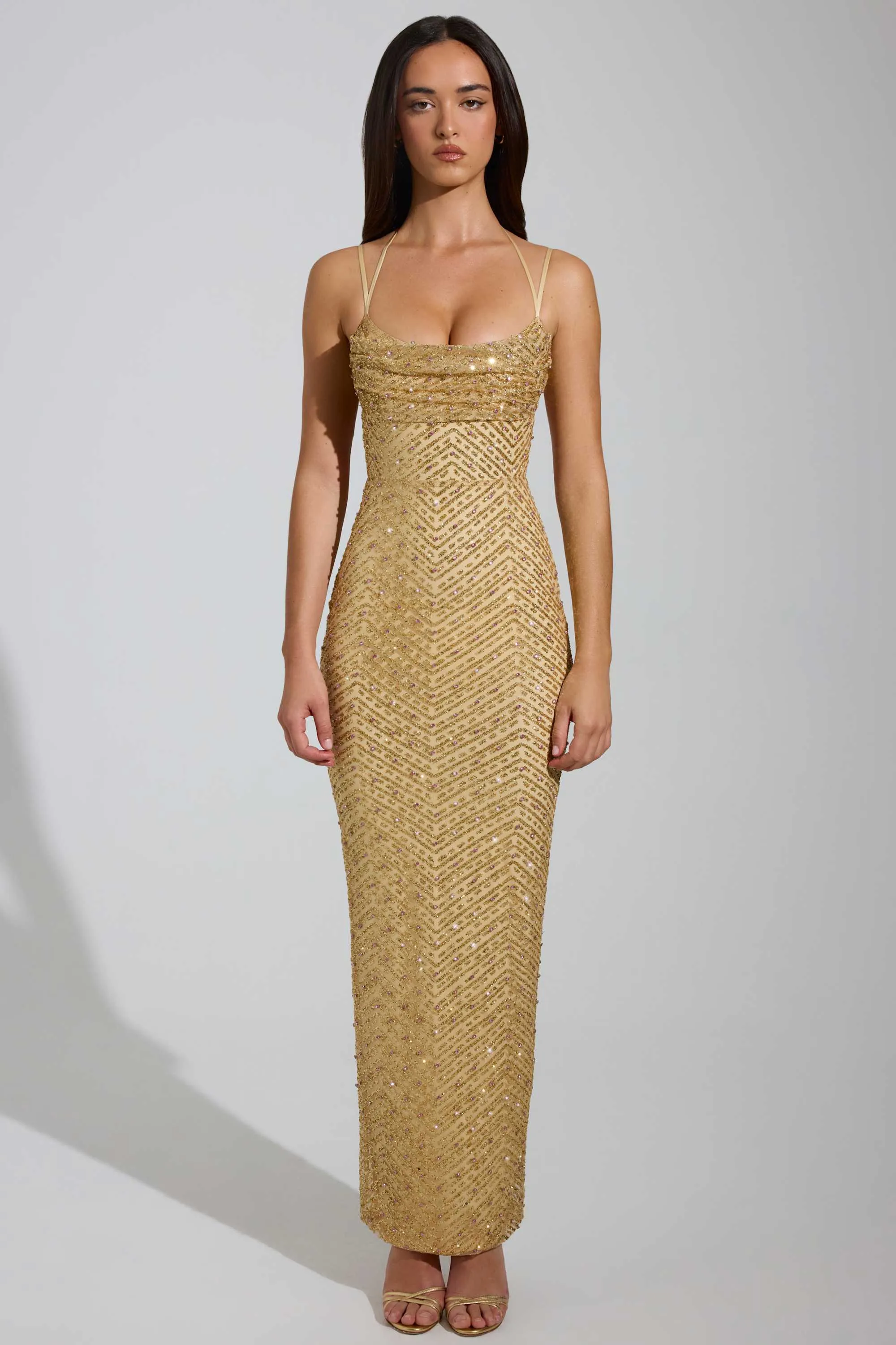 Embellished Cowl-Neck Maxi Dress in Gold sold by Oh Polly product image thumbnail 5