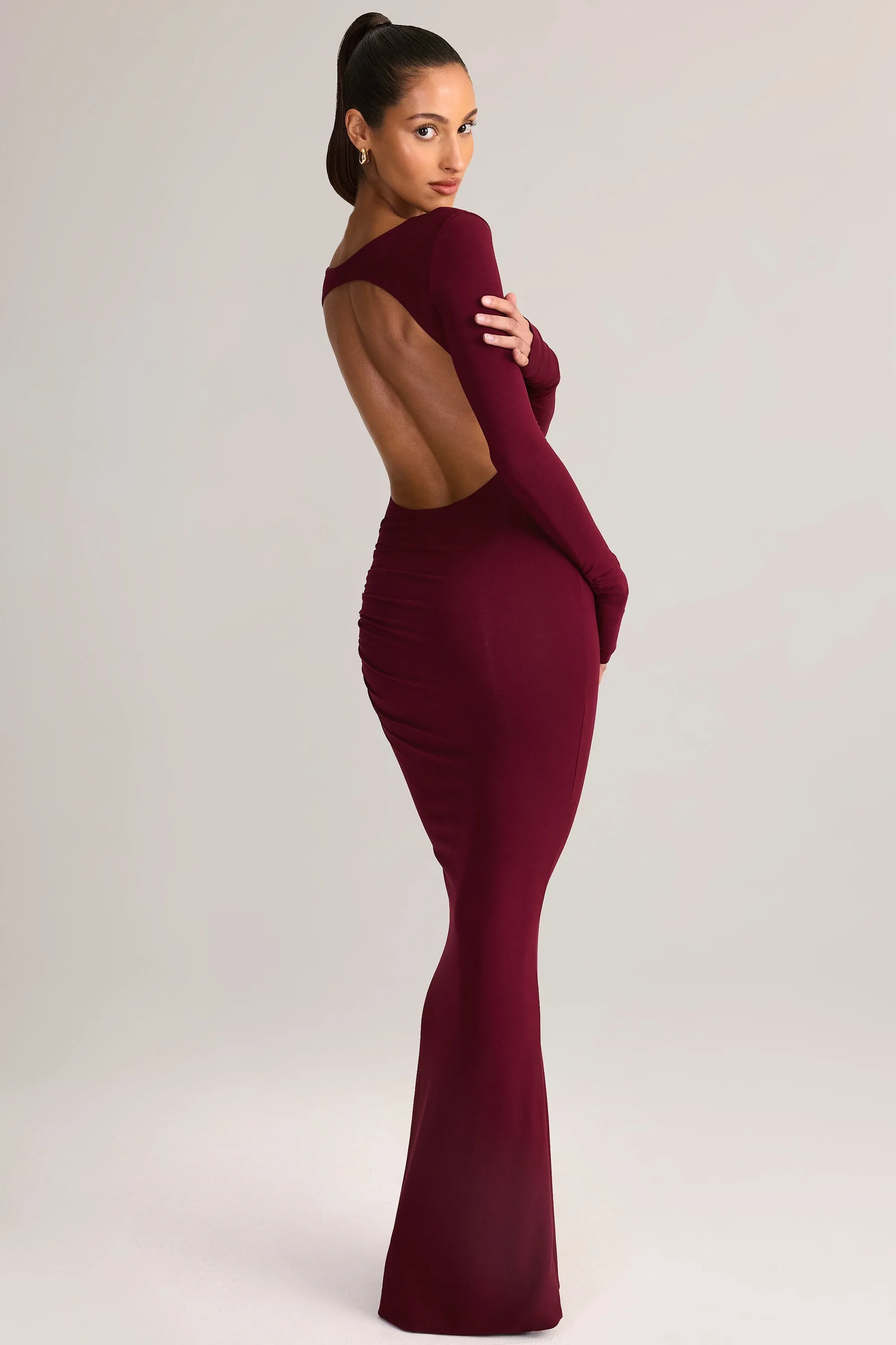 Modal Ruched Backless Maxi Dress in Wine sold by Oh Polly