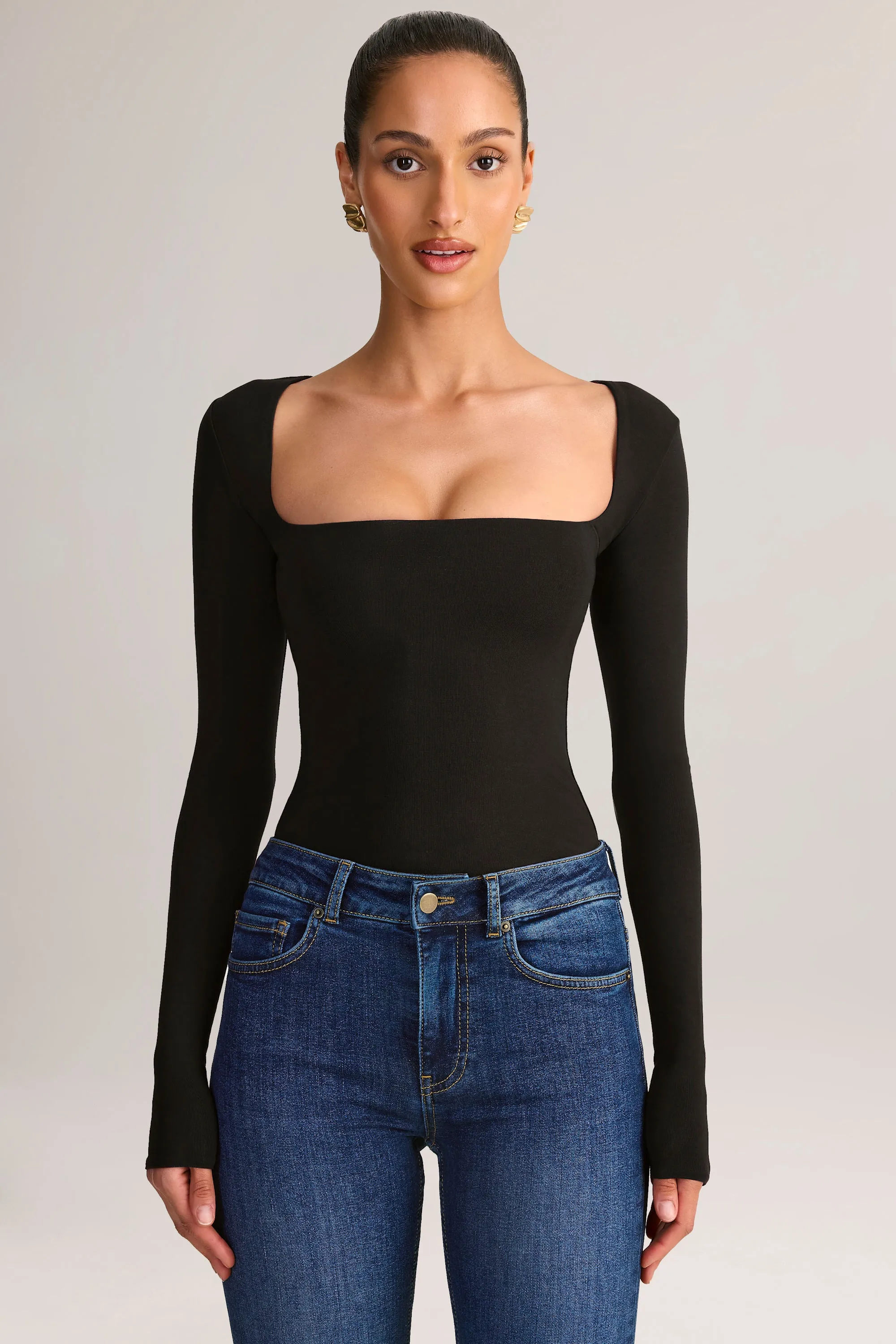 Modal Square-Neck Long-Sleeve Top in Black sold by Oh Polly product image thumbnail 4