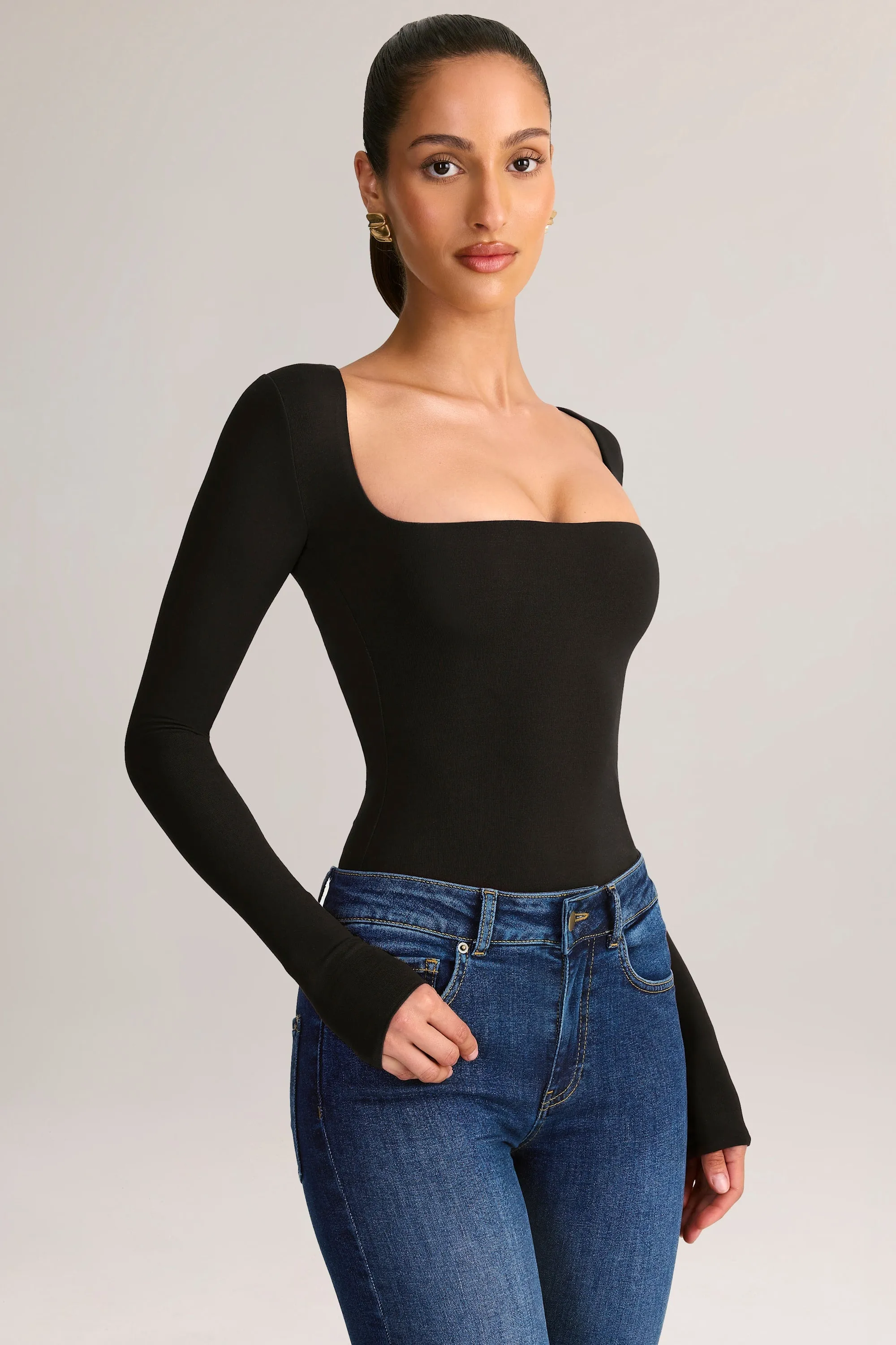 Modal Square-Neck Long-Sleeve Top in Black sold by Oh Polly