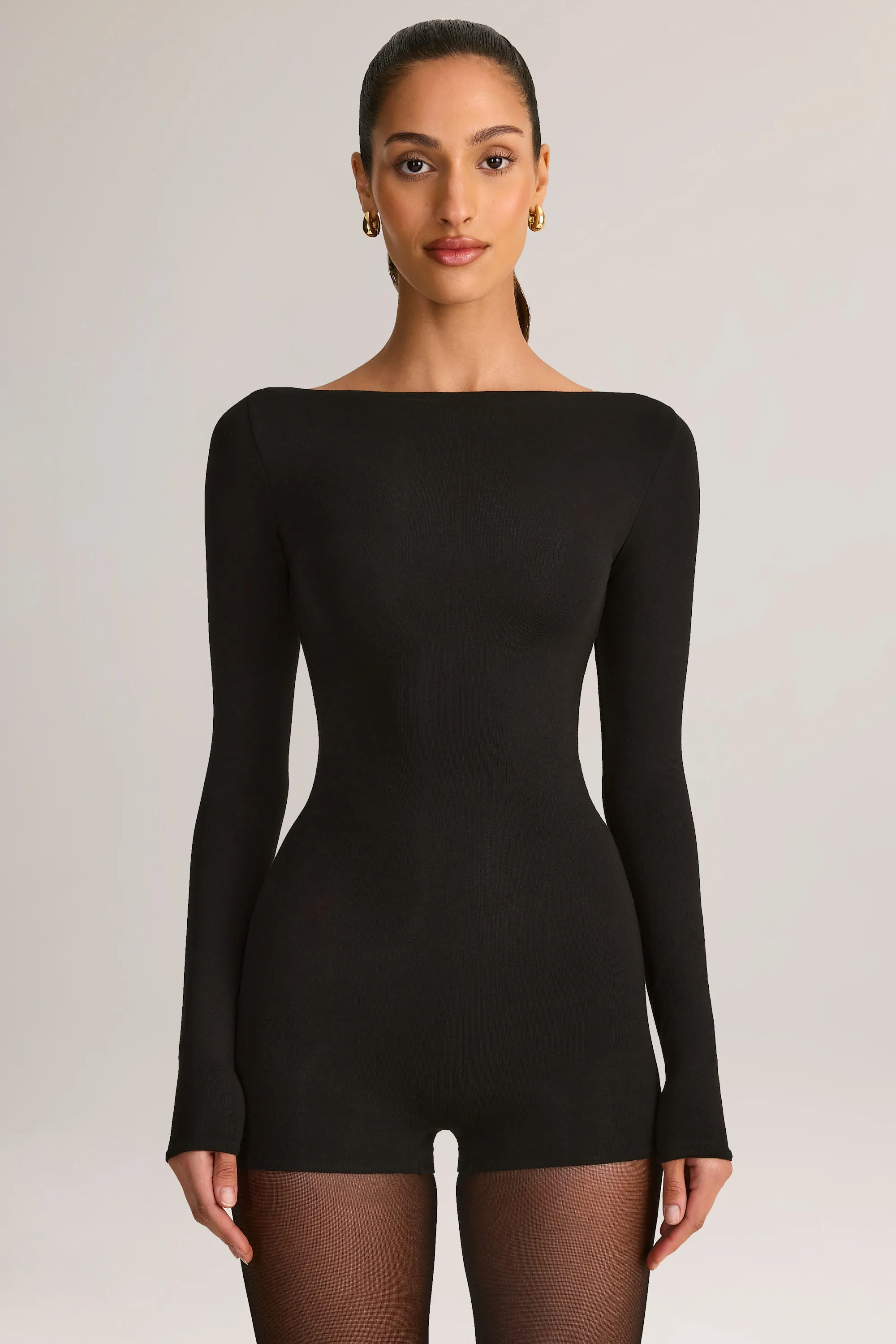 Modal Boat-Neck Long-Sleeve Mini Playsuit in Black sold by Oh Polly product image thumbnail 5