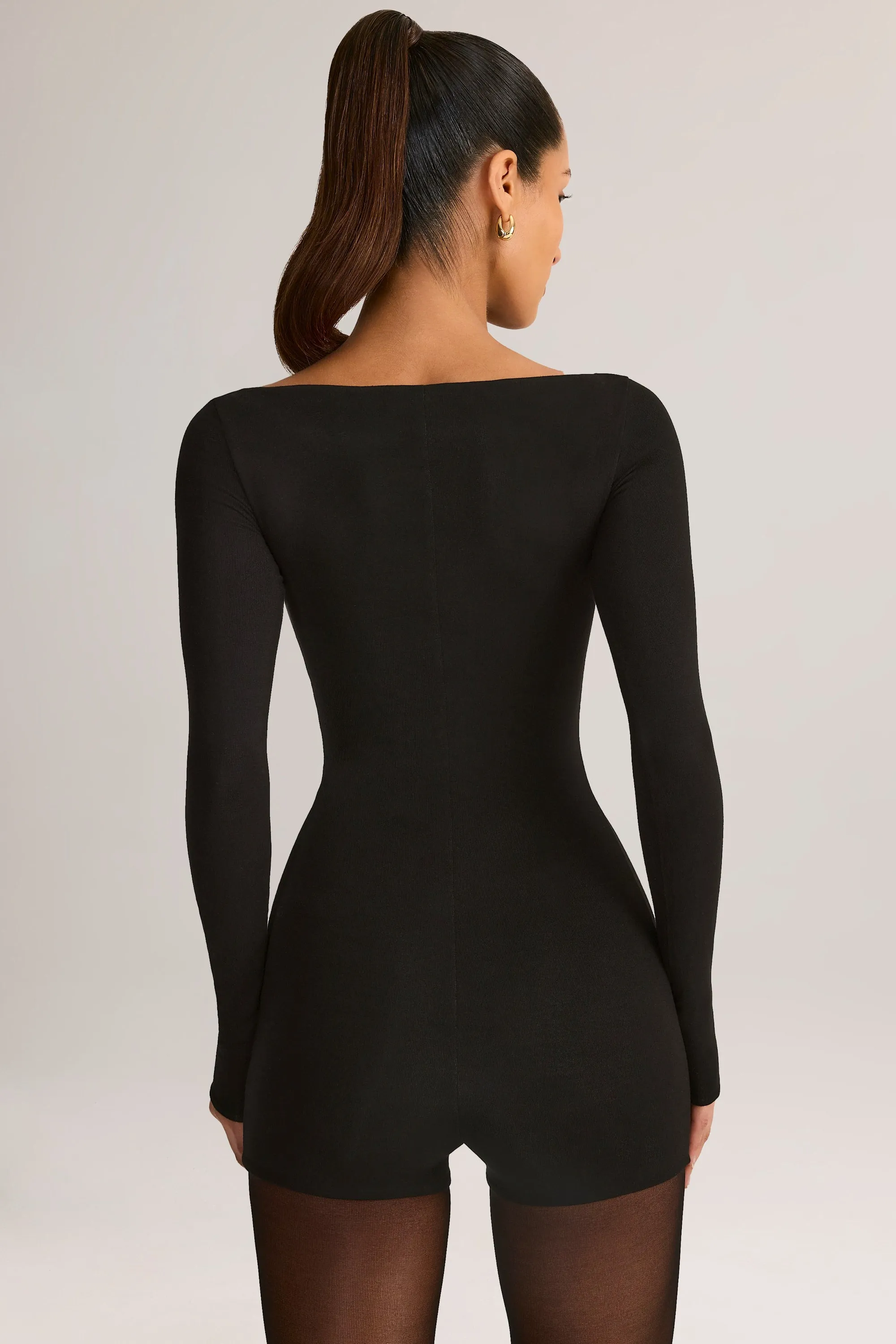 Modal Boat-Neck Long-Sleeve Mini Playsuit in Black sold by Oh Polly product image thumbnail 2
