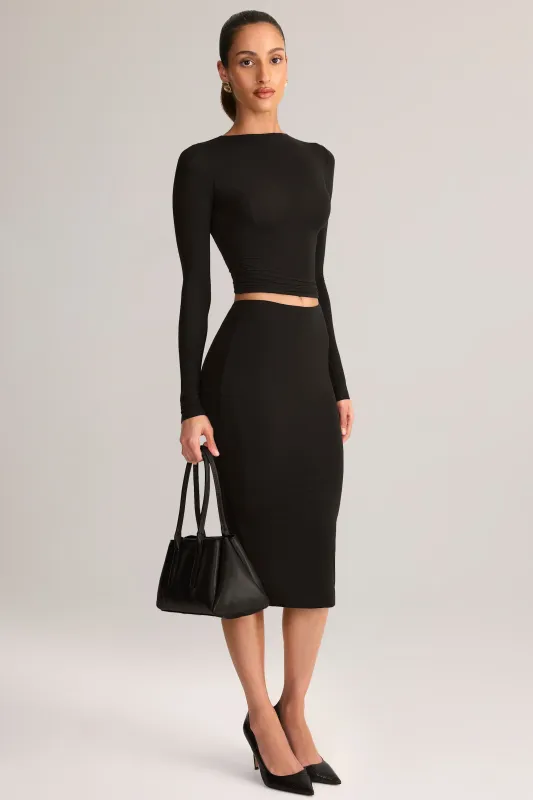 Modal Mid-Rise Pencil Skirt in Black sold by Oh Polly