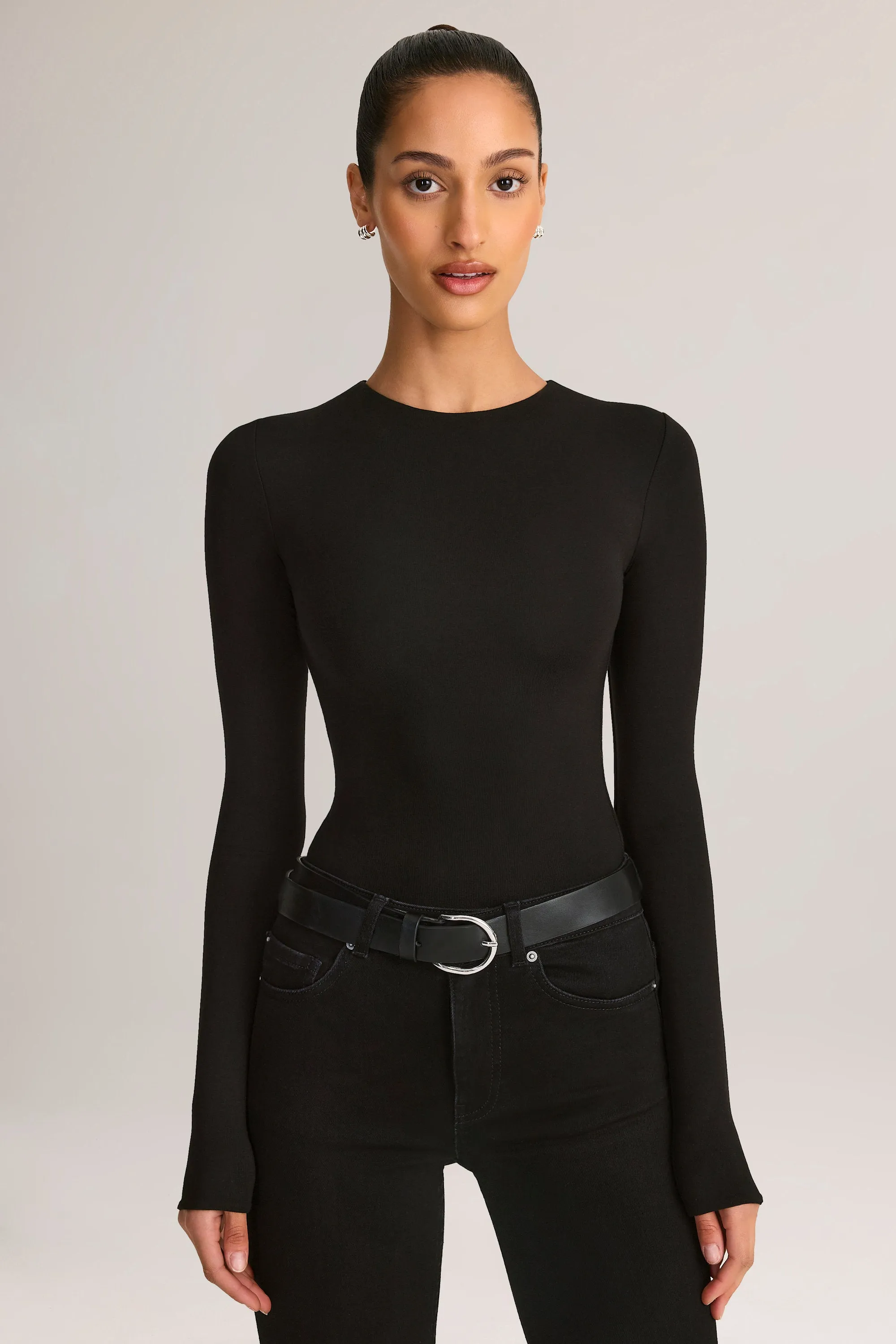 Modal Round-Neck Long-Sleeve Bodysuit in Black sold by Oh Polly
