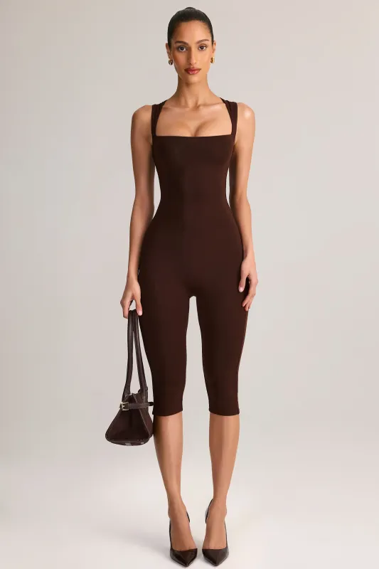 Modal Square-Neck Bodycon Capri Jumpsuit in Chocolate Brown sold by Oh Polly