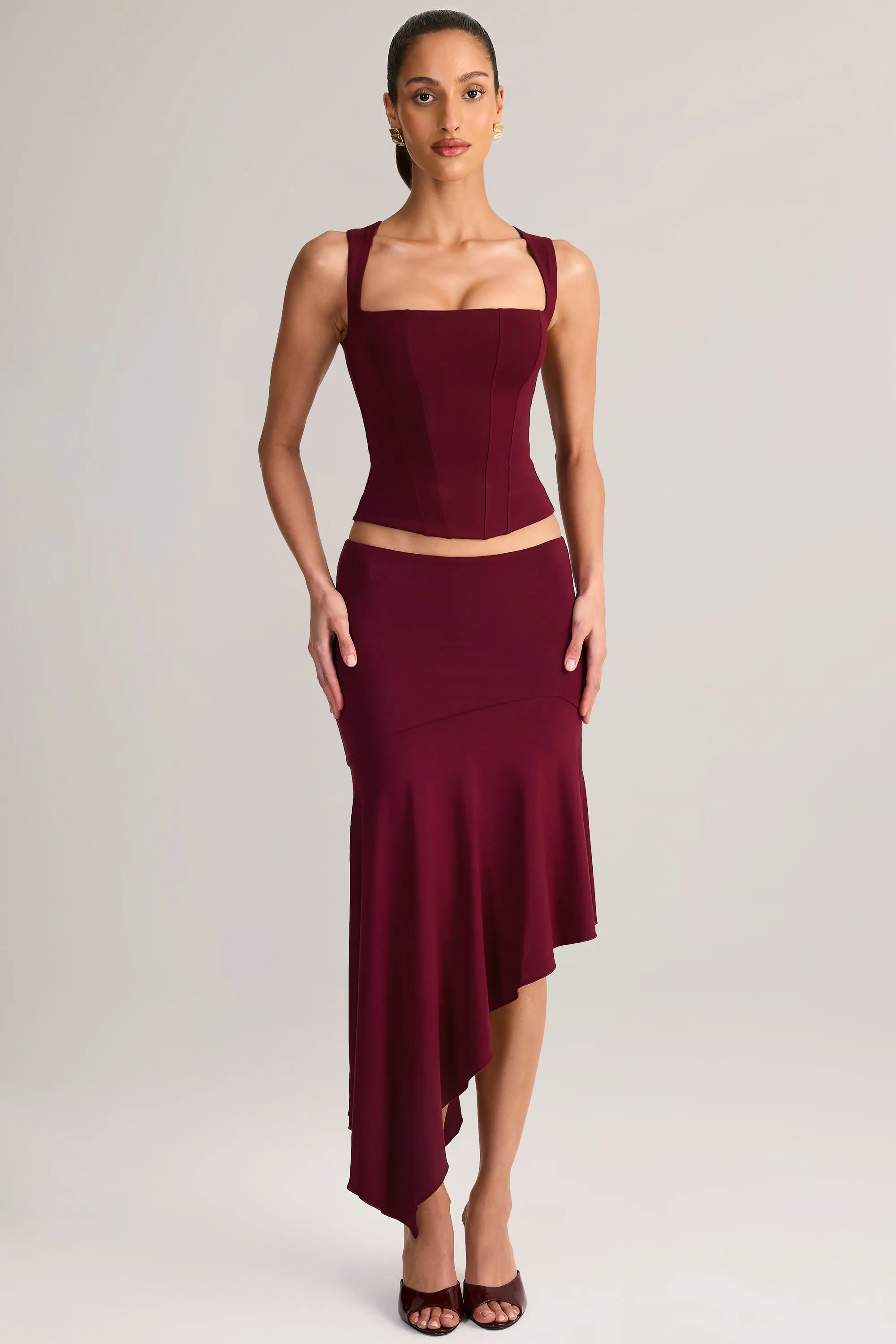 Modal Asymmetric Low-Rise Midaxi Skirt in Wine sold by Oh Polly product image thumbnail 5