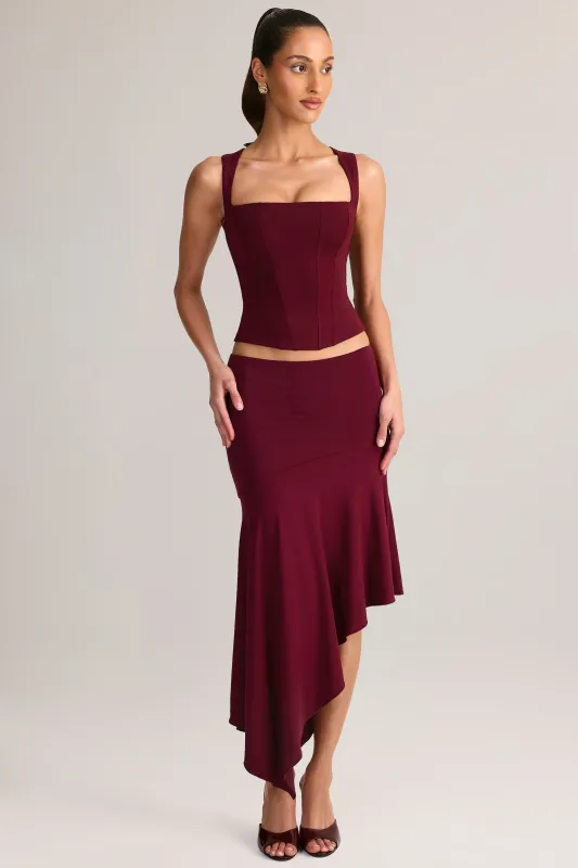 Modal Asymmetric Low-Rise Midaxi Skirt in Wine sold by Oh Polly