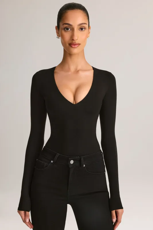 Modal Plunge Long-Sleeve Bodysuit in Black sold by Oh Polly