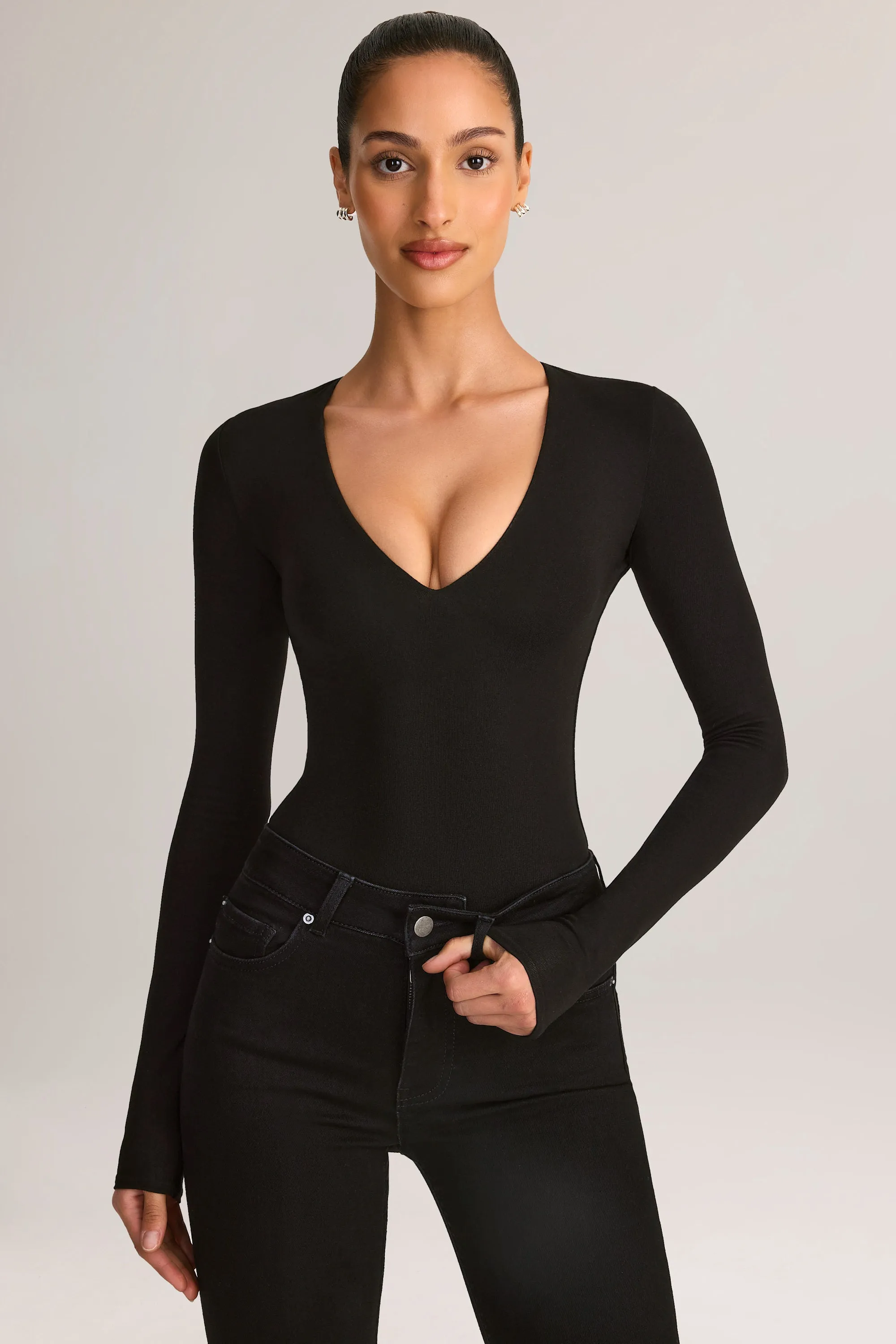 Modal Plunge Long-Sleeve Bodysuit in Black sold by Oh Polly product image thumbnail 5
