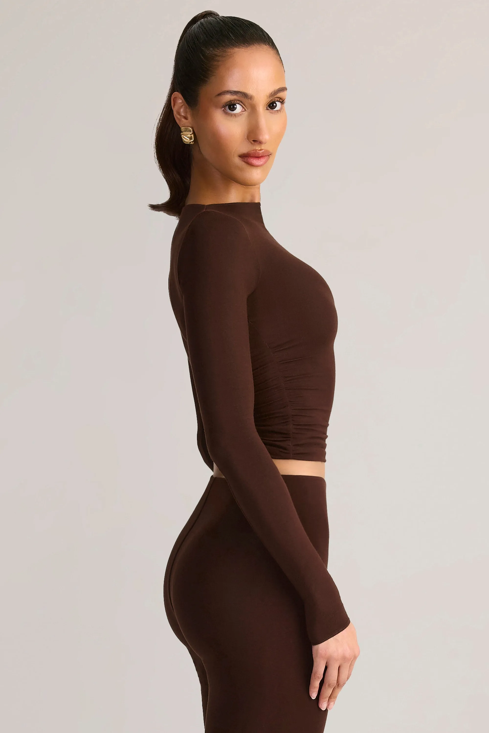 Modal Ruched Long-Sleeve Top in Chocolate Brown sold by Oh Polly product image thumbnail 3