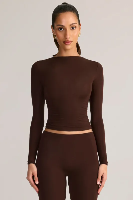 Modal Ruched Long-Sleeve Top in Chocolate Brown sold by Oh Polly