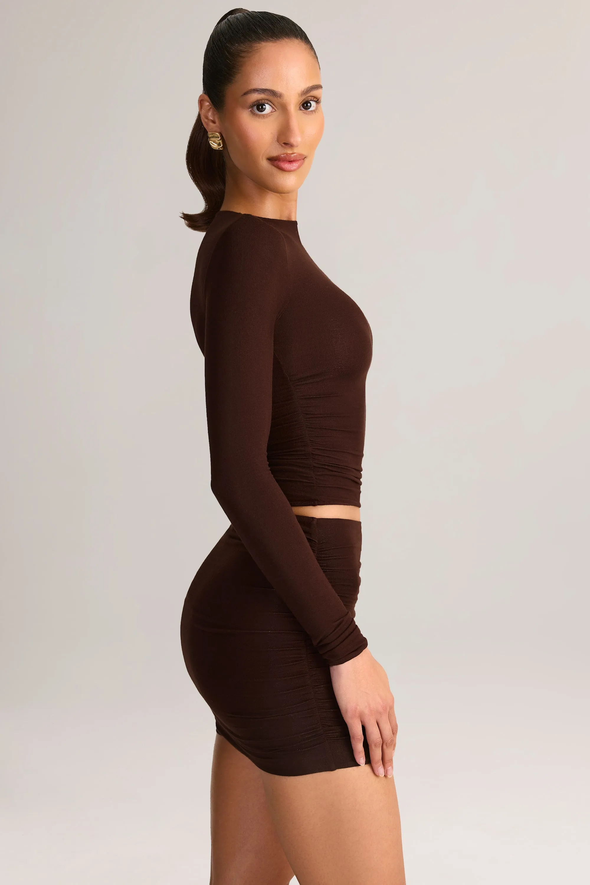 Modal Ruched Mid-Rise Mini Skirt in Chocolate Brown sold by Oh Polly product image thumbnail 3