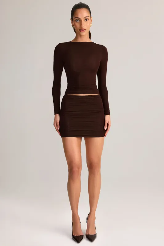 Modal Ruched Mid-Rise Mini Skirt in Chocolate Brown sold by Oh Polly