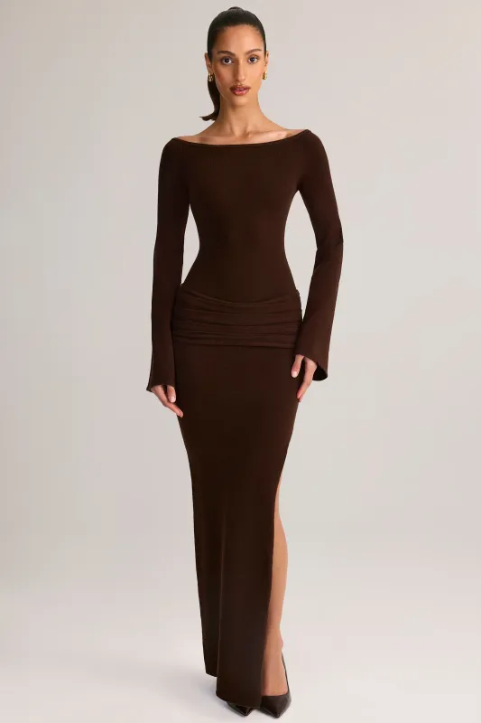 Rib-Knit Boat-Neck Long-Sleeve Maxi Dress in Chocolate Brown made by Oh Polly