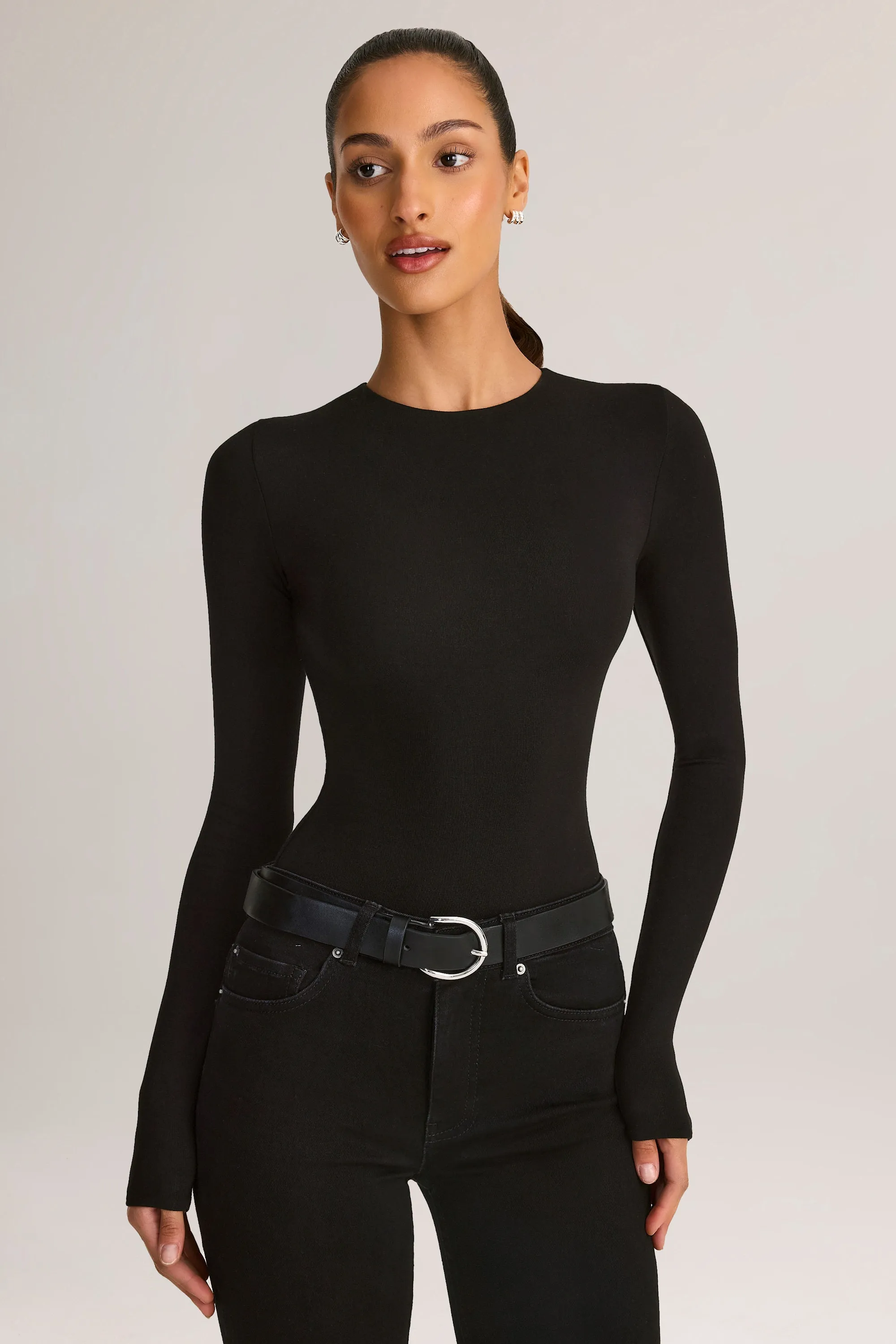 Modal Round-Neck Long-Sleeve Bodysuit in Black sold by Oh Polly product image thumbnail 4