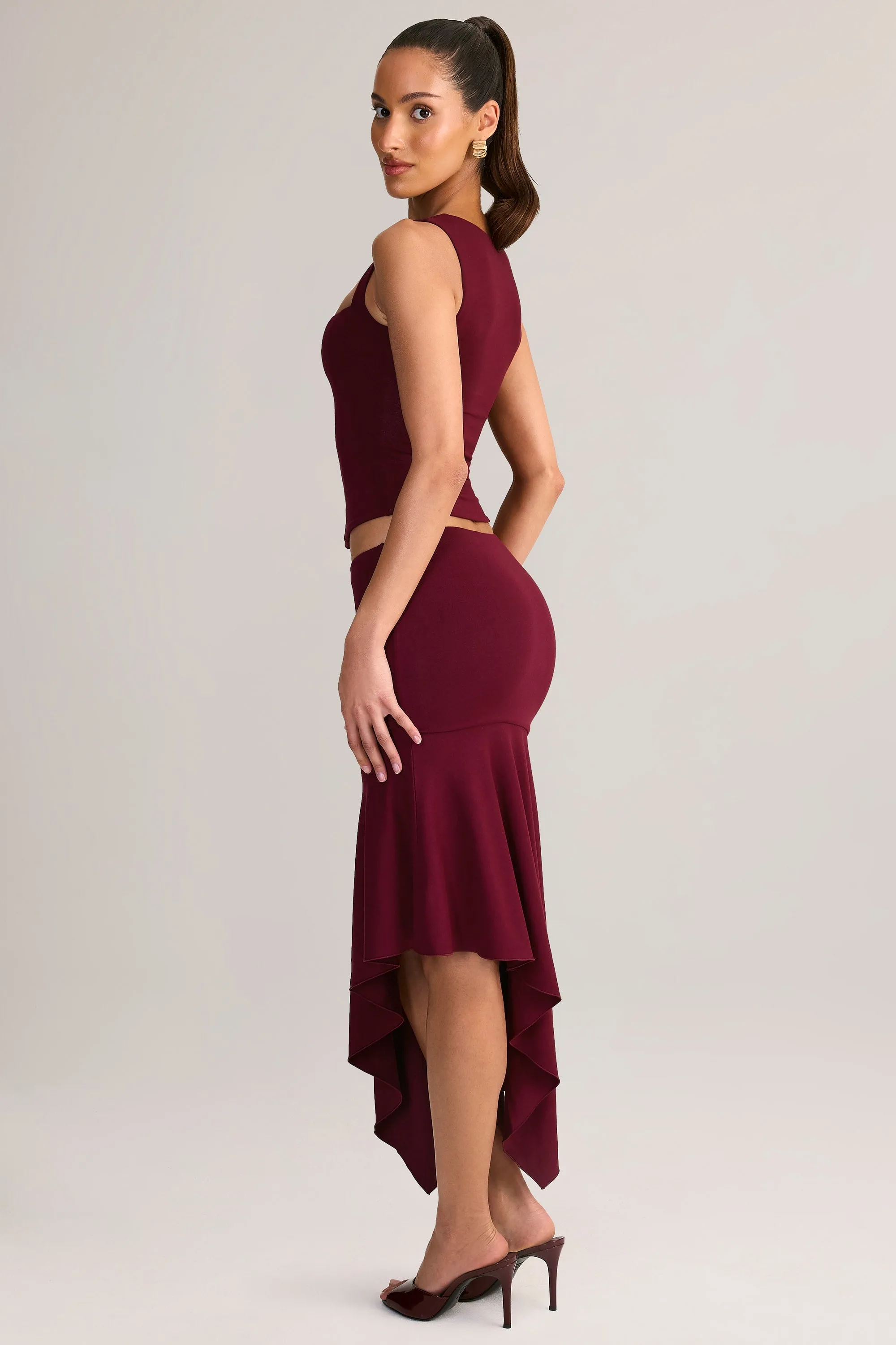Modal Low-Rise Asymmetric Midaxi Skirt in Wine sold by Oh Polly product image thumbnail 4
