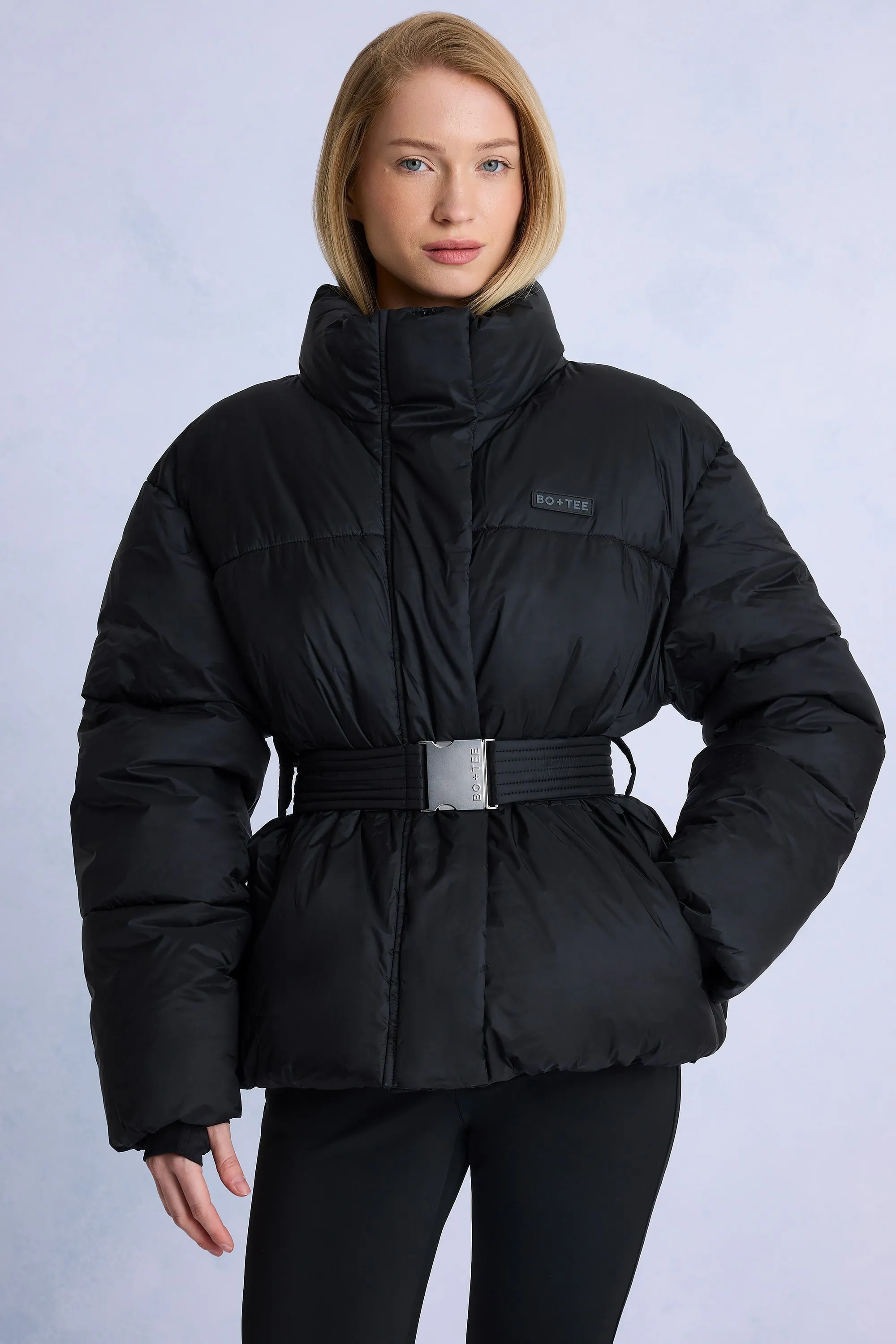 Waterproof Belted Oversized Ski Jacket in Black sold by Oh Polly